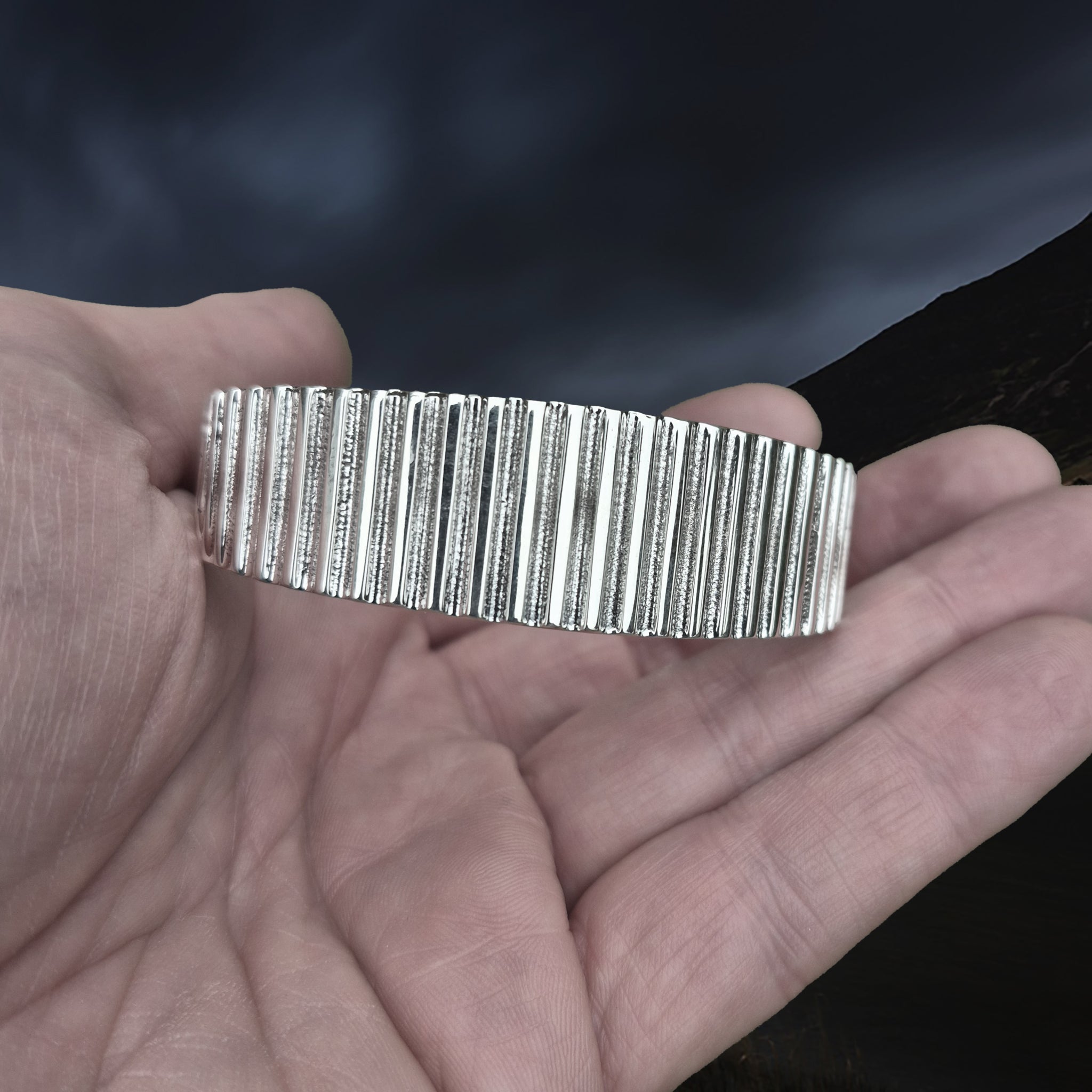 Silver Viking Bracelet / Arm Ring Replica From Anglesey with Ridge Design in Hand - Front View