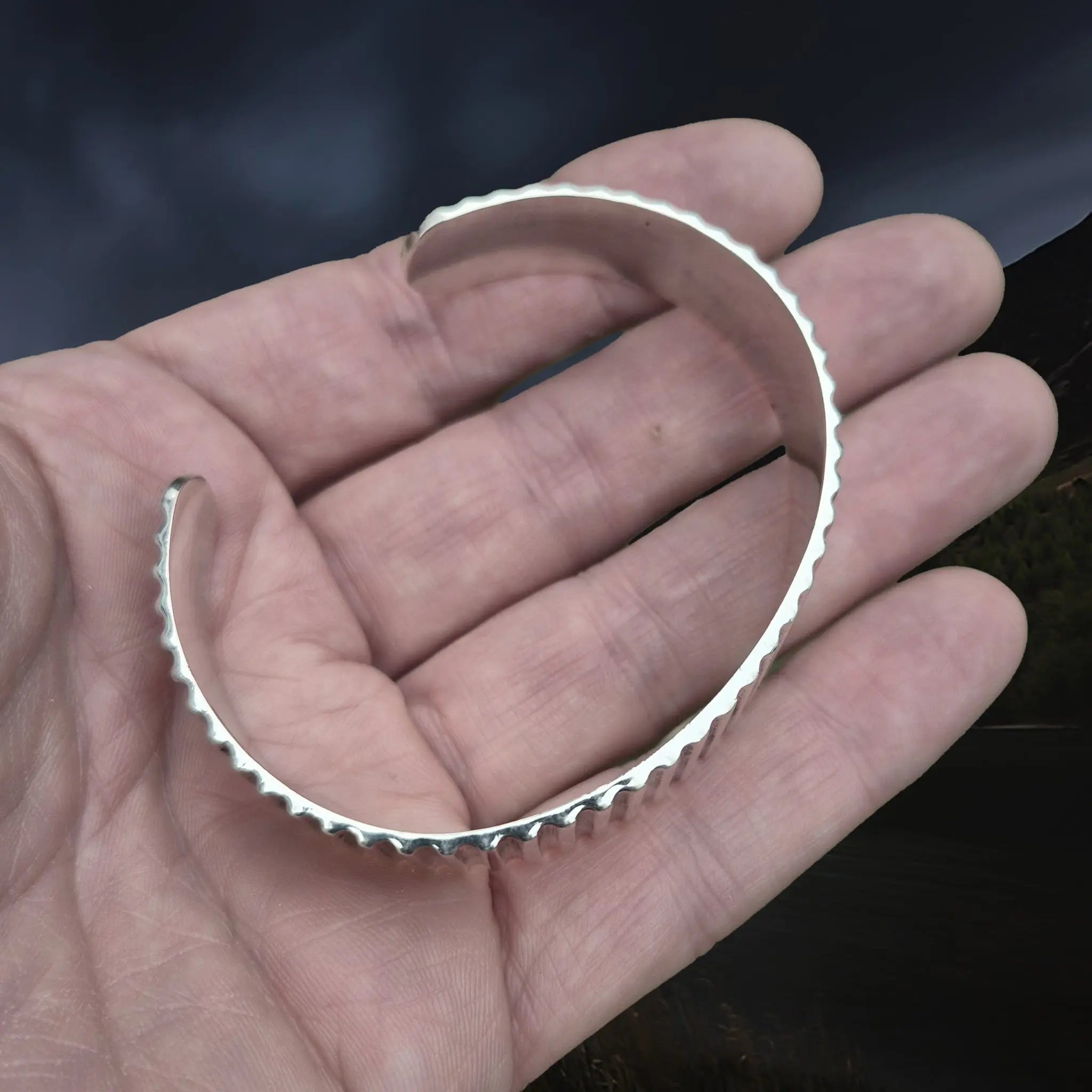 Silver Viking Bracelet / Arm Ring Replica From Anglesey with Ridge Design on Hand - Above View