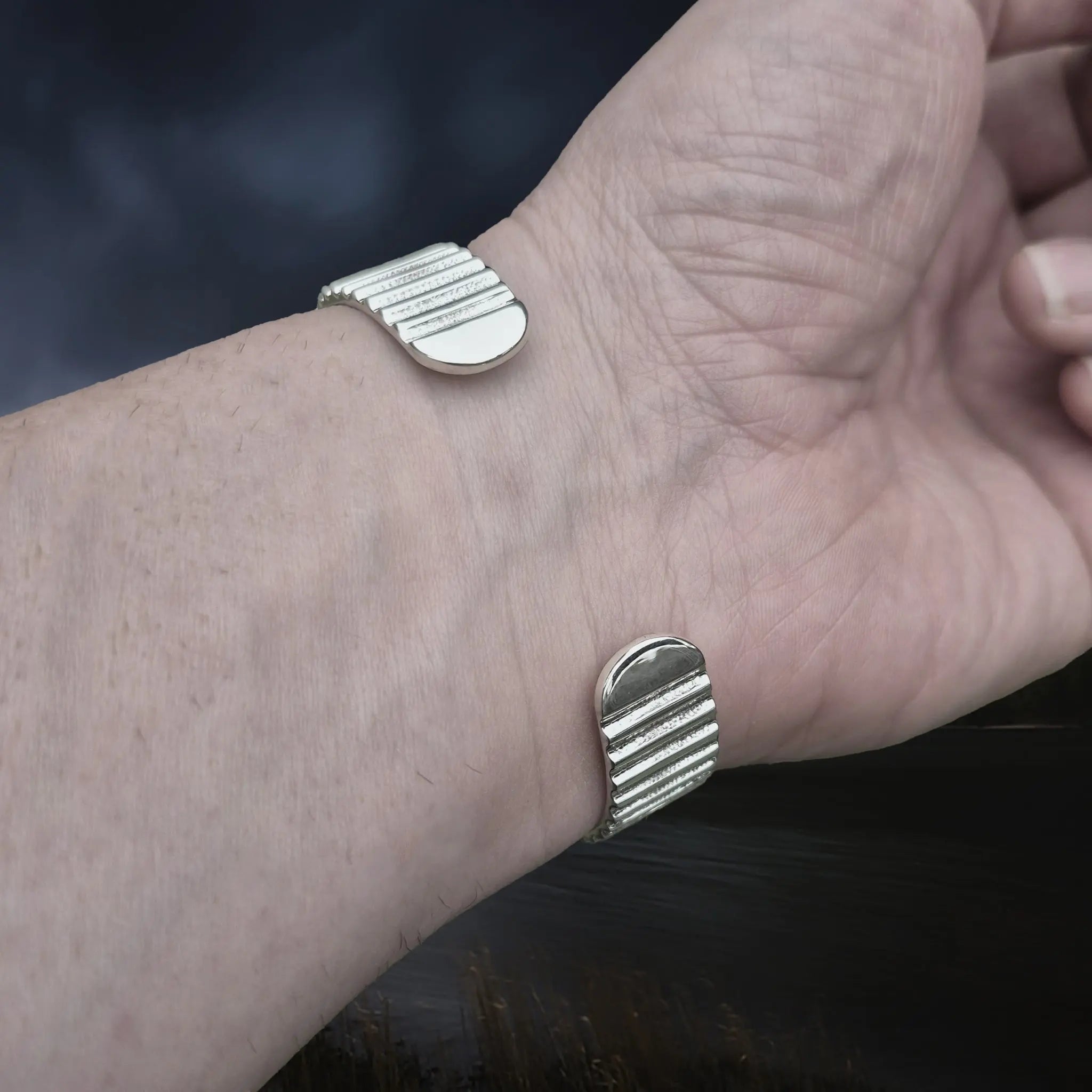 Silver Viking Bracelet / Arm Ring Replica From Anglesey with Ridge Design on Wrist - Back View