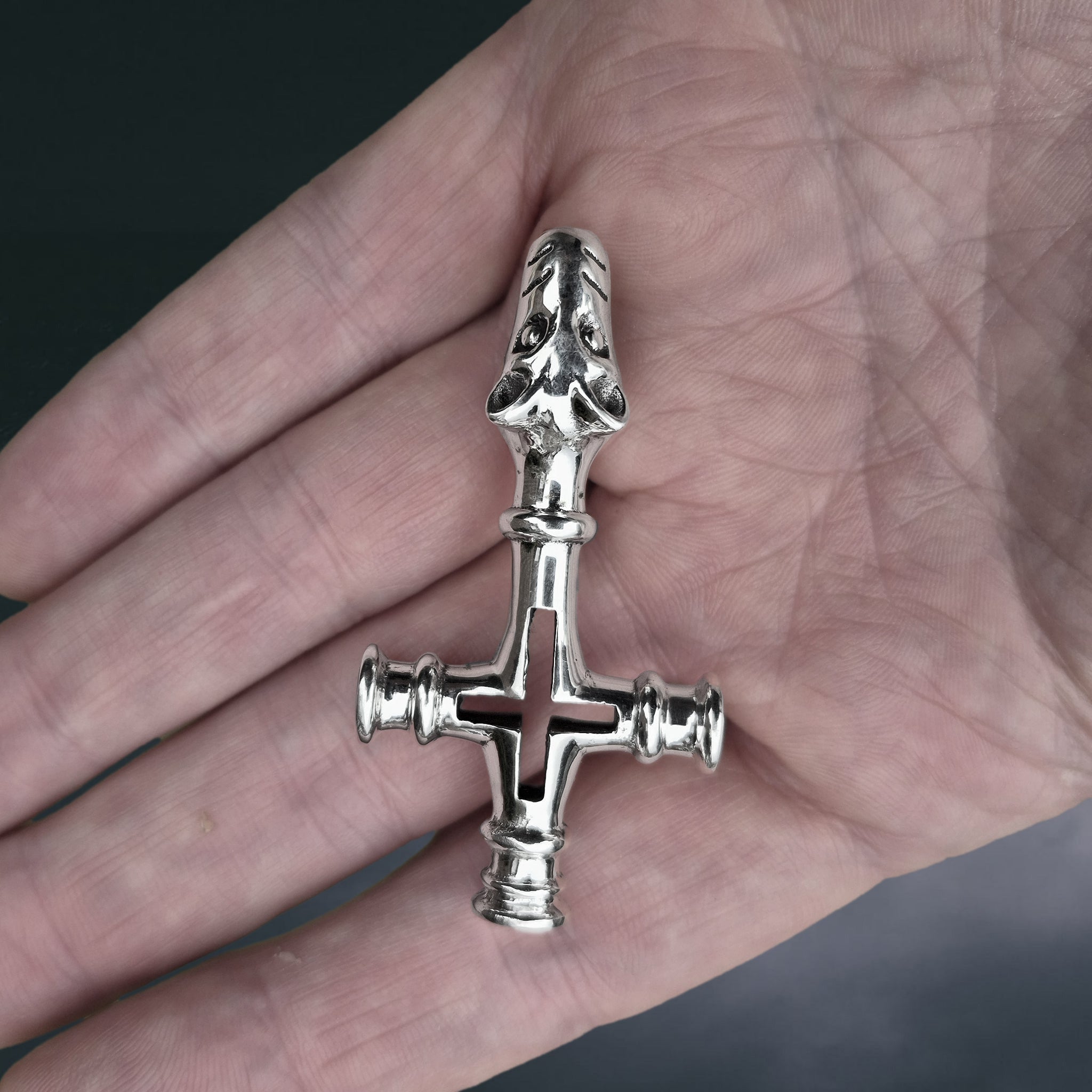 Large Silver Icelandic Wolf Cross Hammer Replica Pendant on Hand