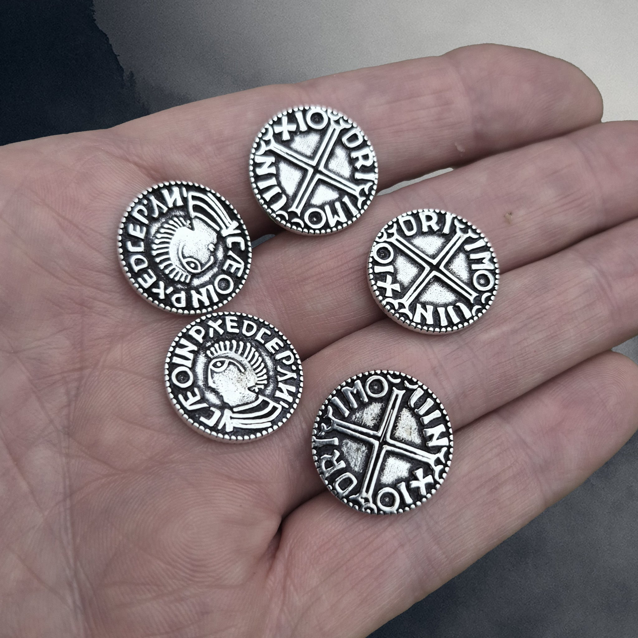 Silver Replica Hiberno-Norse Sihtric III Olafsson Penny Coins from Dublin on Hand - Back and Front View x 5