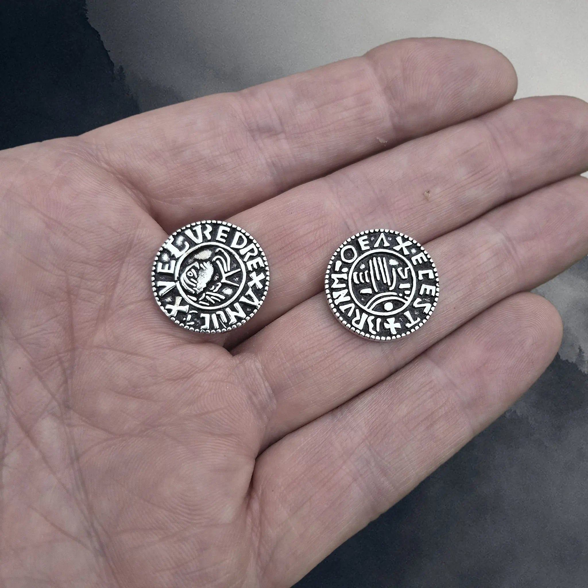 Silver Replica Saxon Aethelred II Pennies from Somerset, England, UK on Hand x 2 - Back and Front View