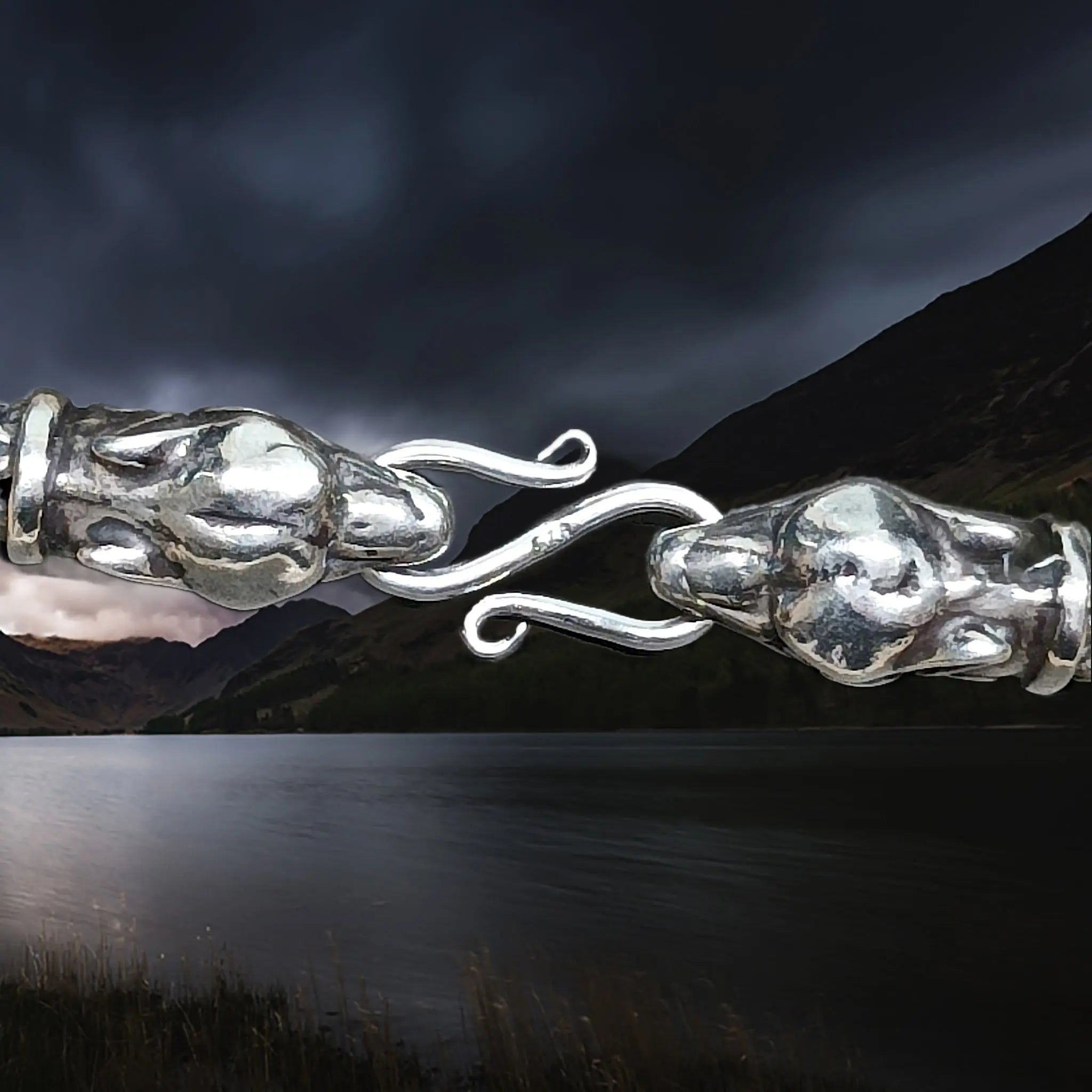 Sterling Silver Large S-Clasp Holding Together Ferocious Wolf Heads on 8mm Thick Silver Snake Chain Necklace