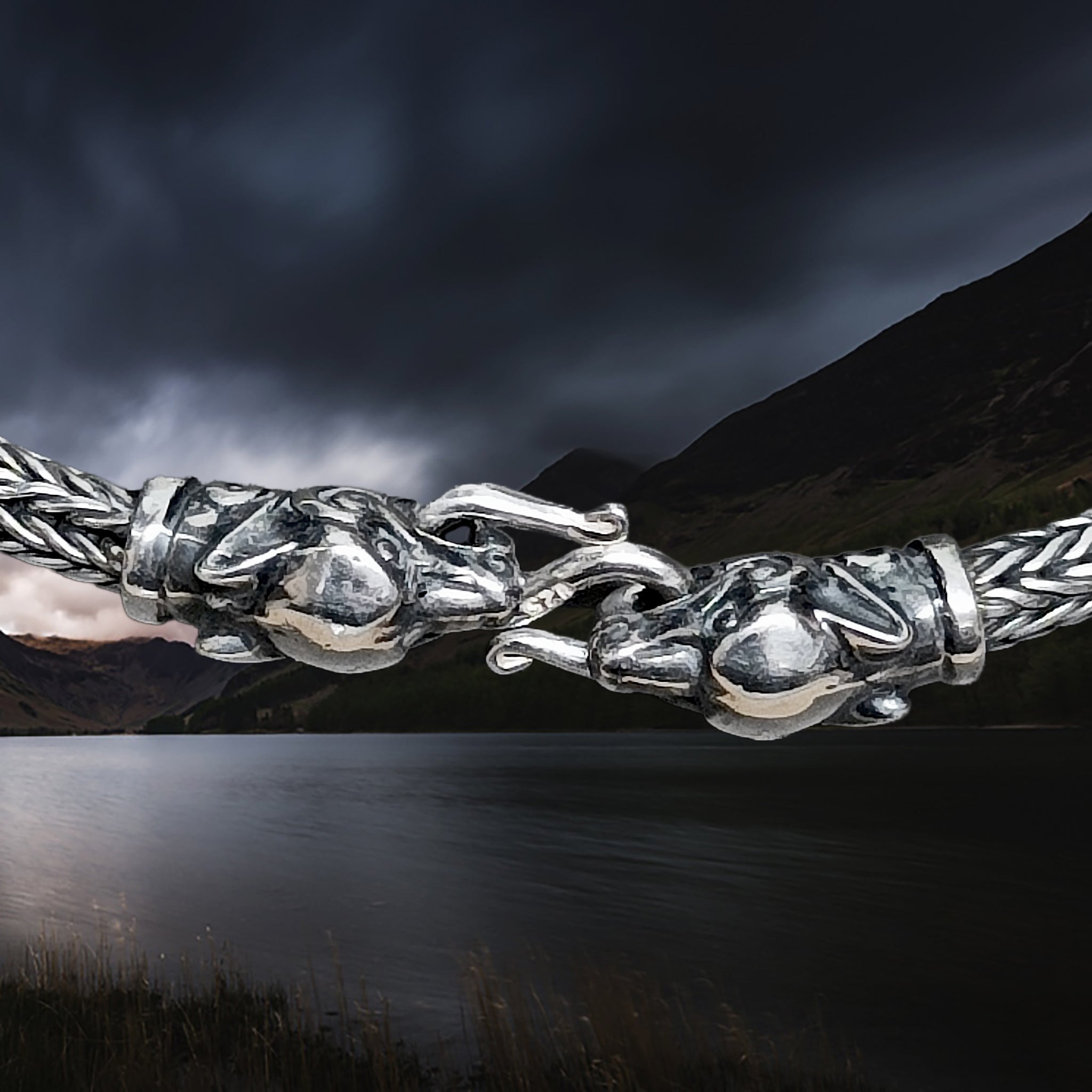 Sterling Silver Medium S-Clasp Holding Together Ferocious Wolf Heads on 5mm Thick Silver Snake Chain Bracelet