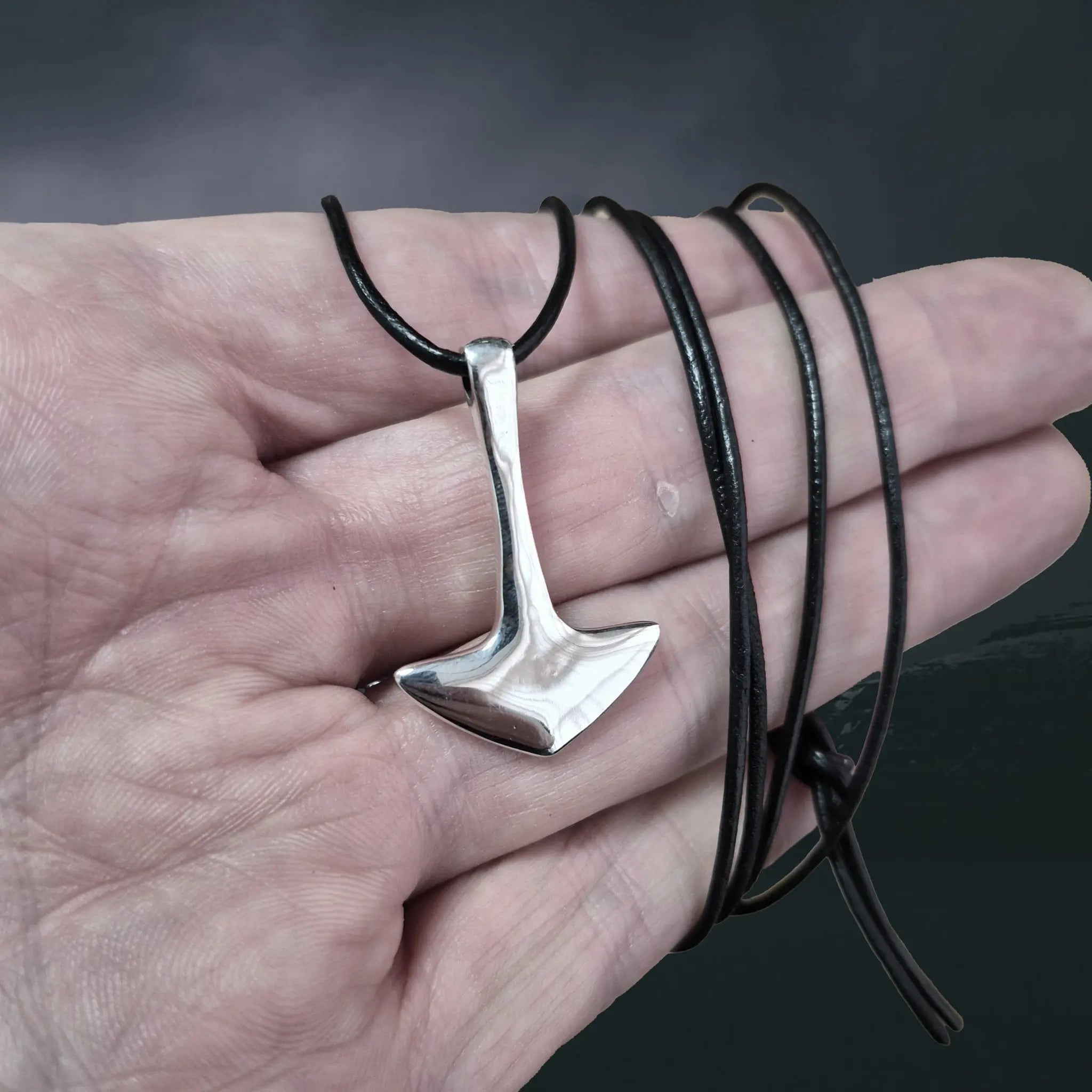Sterling Silver Viking Thor's Hammer Pendant, Based on an Original Find from 9th Century England on Leather Cord, Wrapped Around Hand