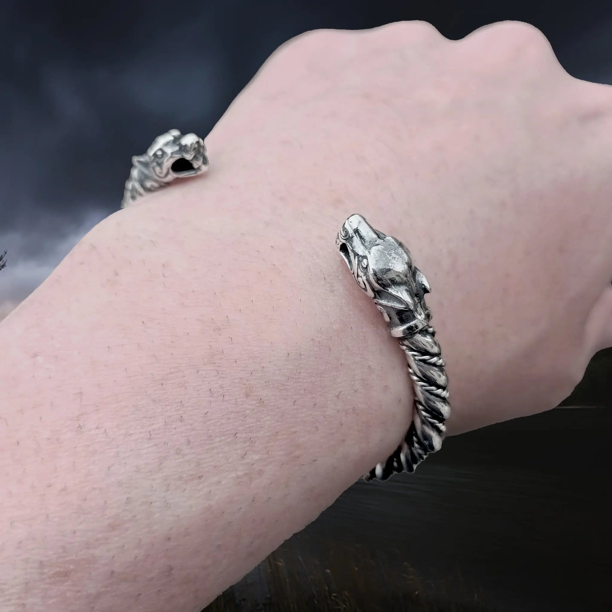 Twisted Silver Viking Bracelet / Arm Ring With Ferocious Wolf Heads on Wrist