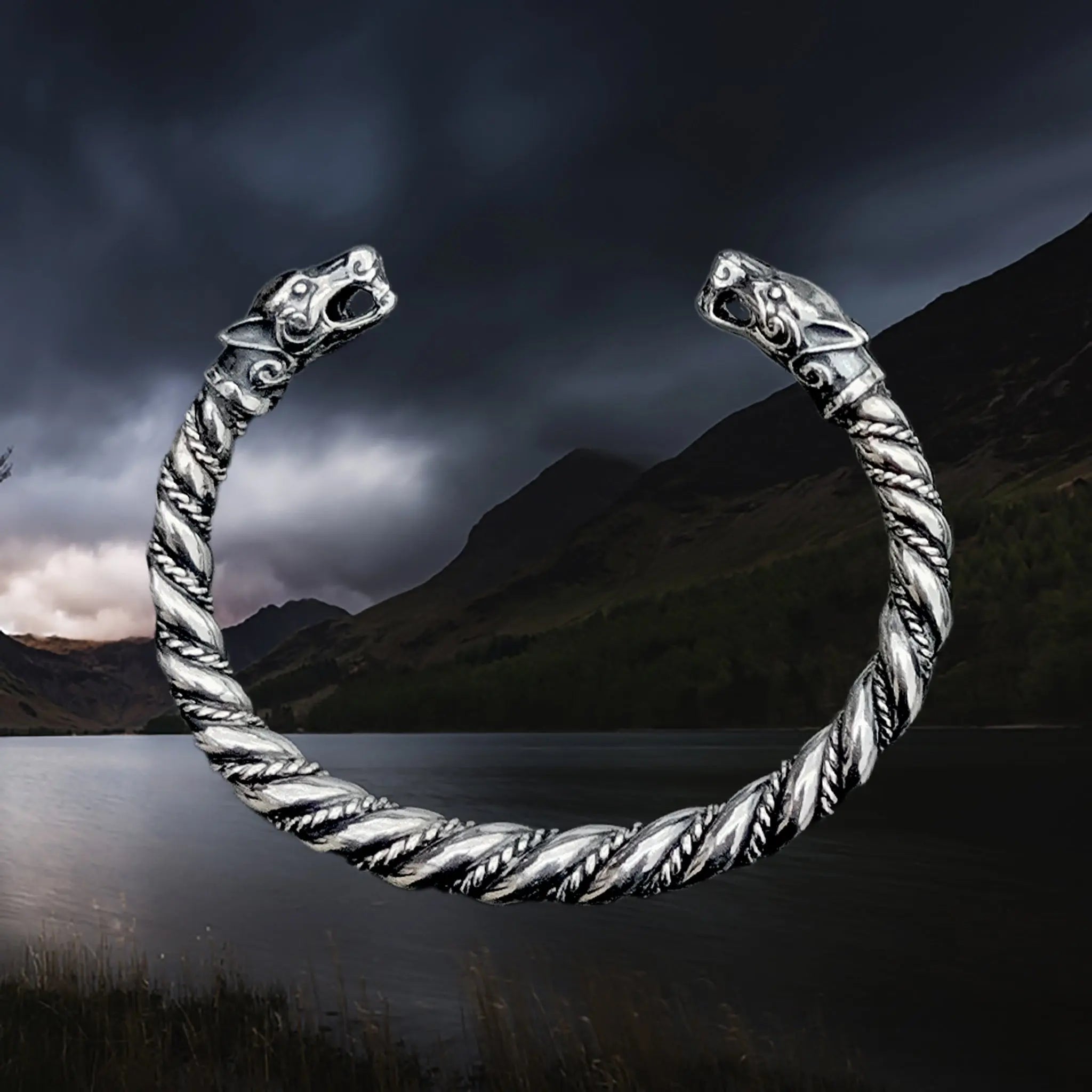 Twisted Silver Viking Bracelet / Arm Ring With Ferocious Wolf Heads