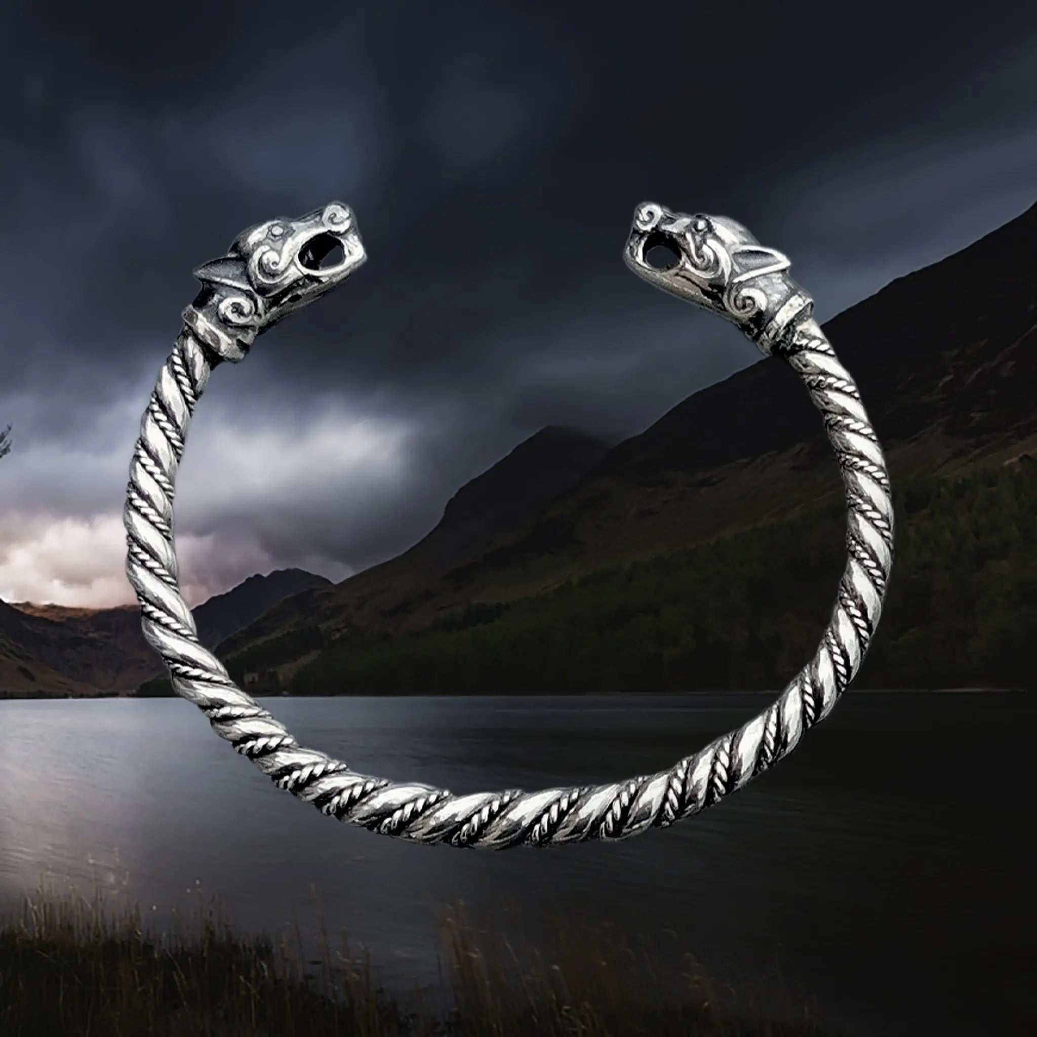 Twisted Silver Viking Bracelet With Ferocious Wolf Heads