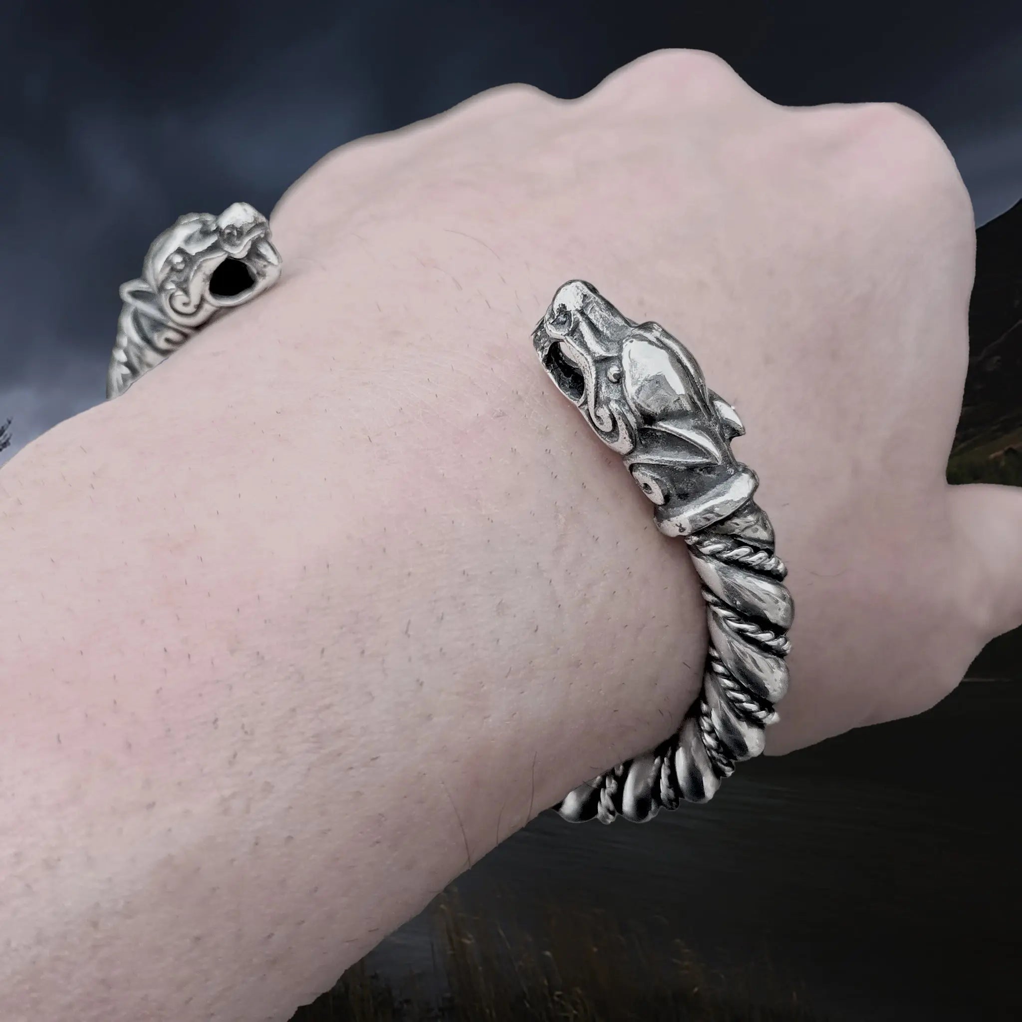 Thick Twisted Silver Viking Bracelet / Arm Ring With Ferocious Wolf Heads on Wrist