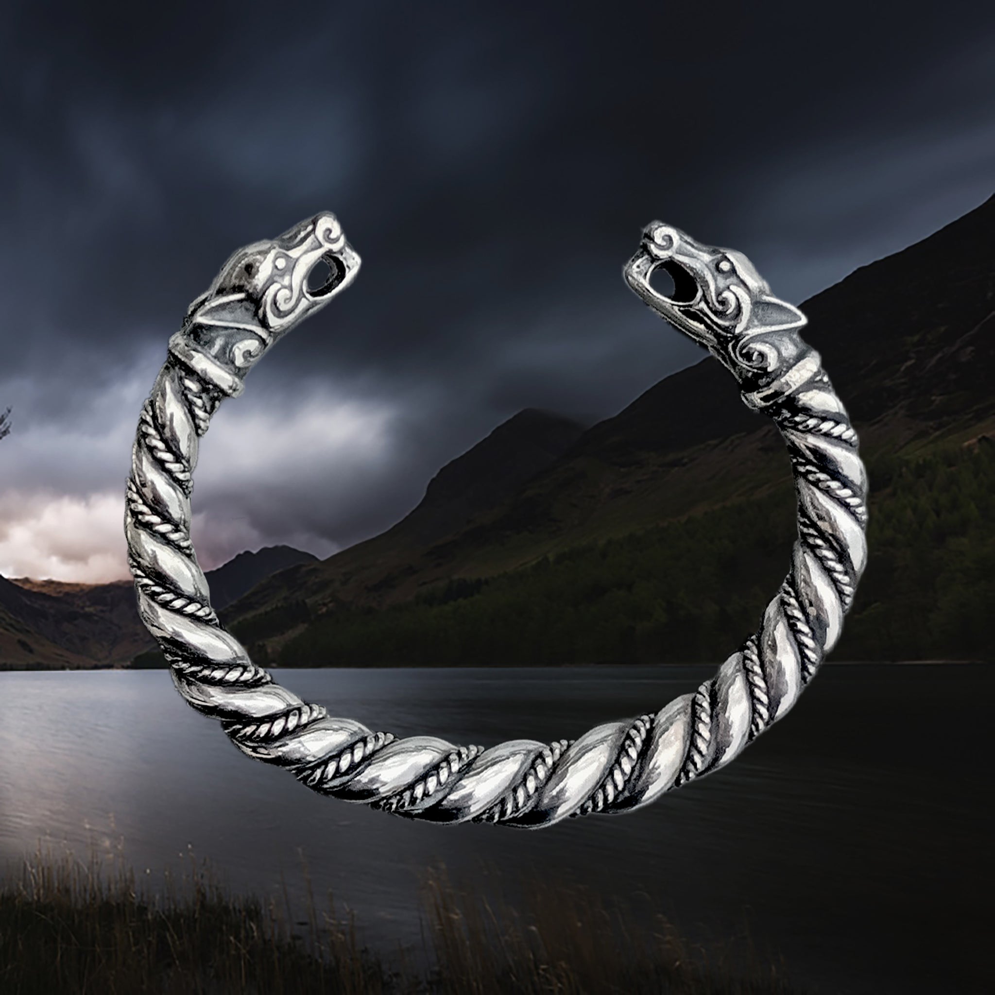 Thick Twisted Silver Viking Bracelet / Arm Ring With Ferocious Wolf Heads