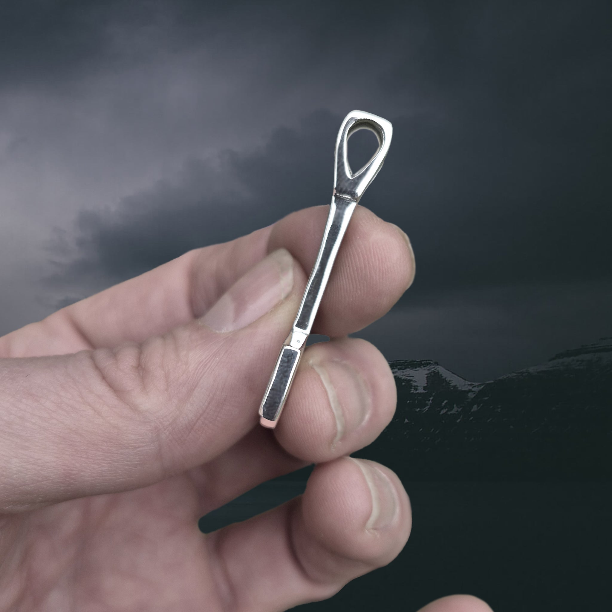 Silver Thors Hammer Pendant Replica from Vålse, Denmark in Fingers - Side View