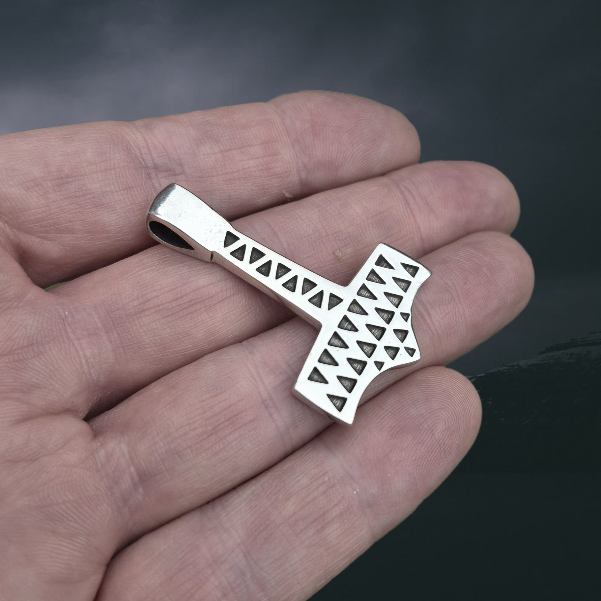 Silver Thors Hammer Pendant Replica from Vålse, Denmark on Hand - Side Angle View