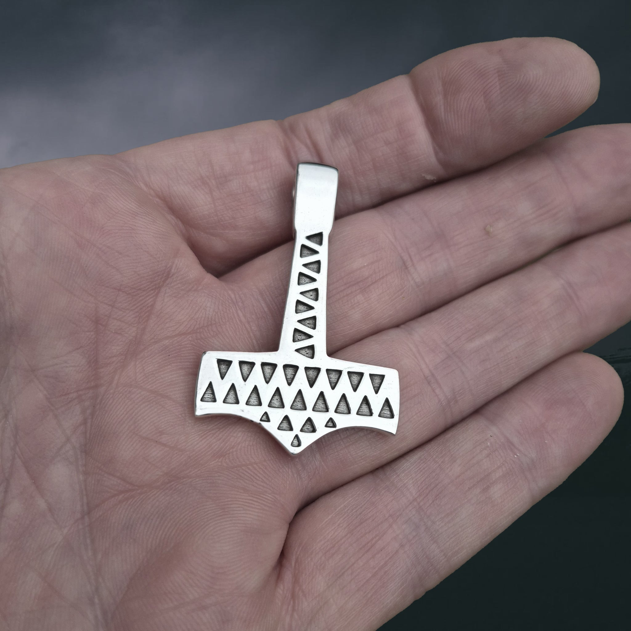 Silver Thors Hammer Pendant Replica from Vålse, Denmark on Hand