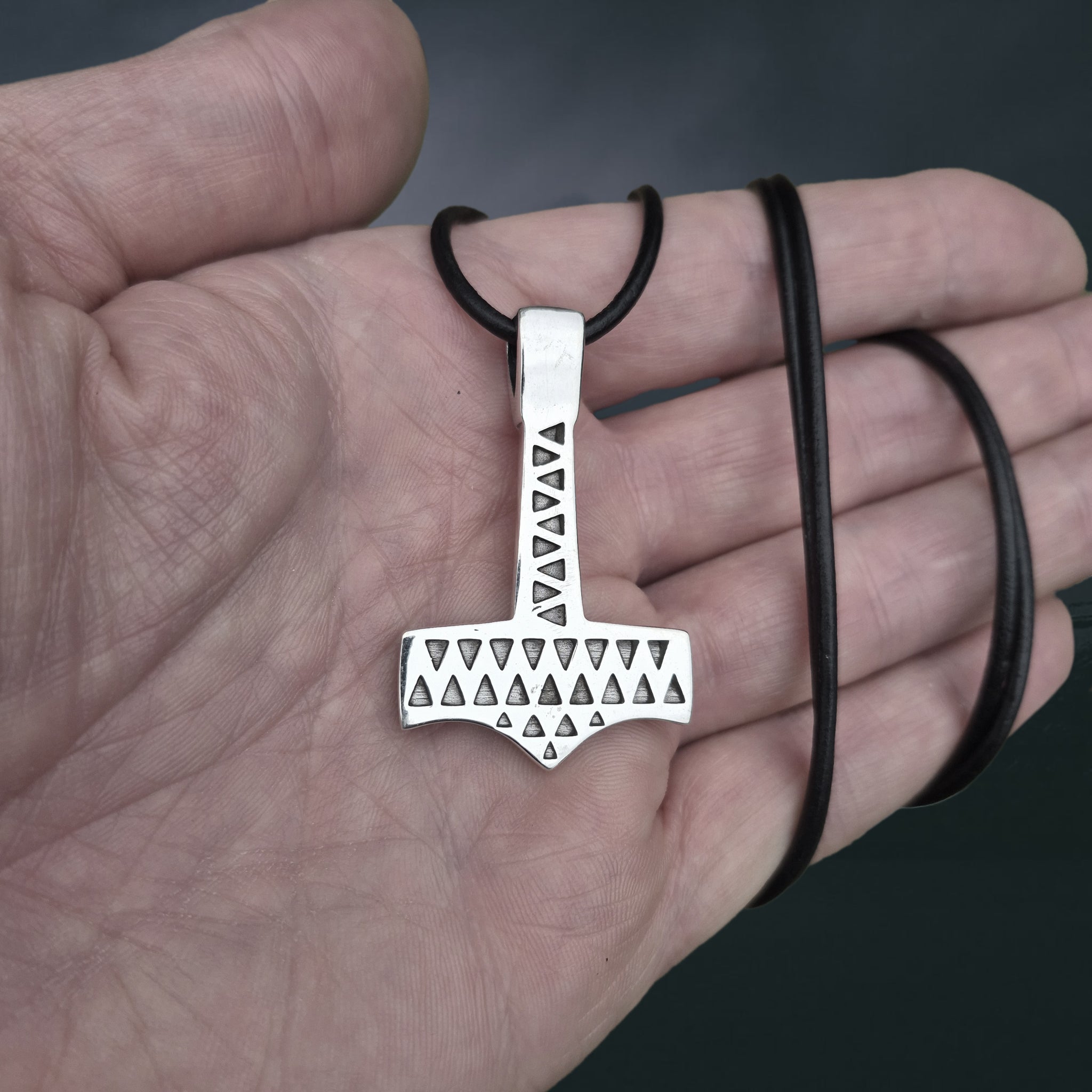 Silver Thors Hammer Pendant Replica from Vålse, Denmark on Leather Cord, on Hand