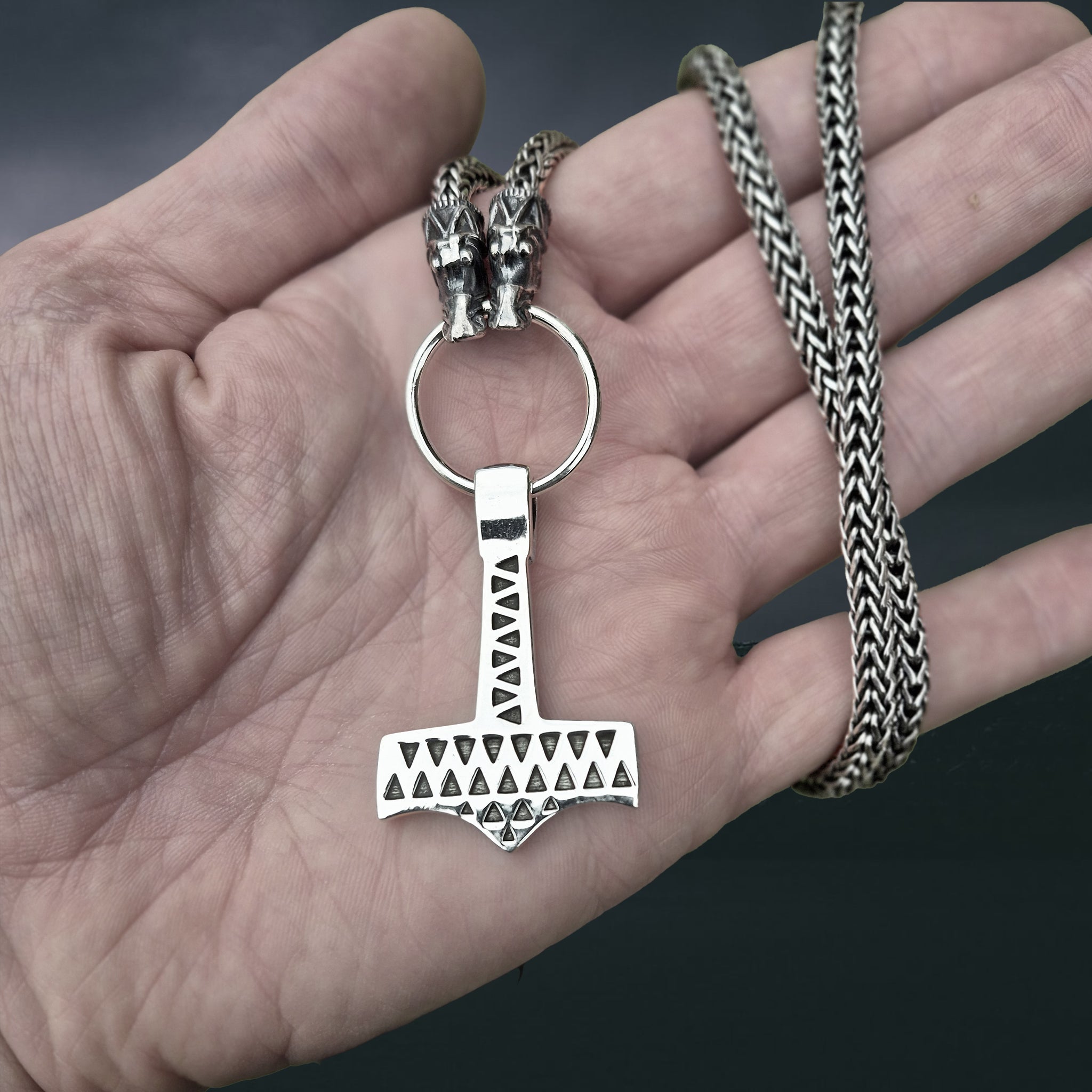 Silver Thors Hammer Pendant Replica from Vålse, Denmark on Split Ring, Attached to 5mm Silver Snake Chain with Gotland Dragon Heads