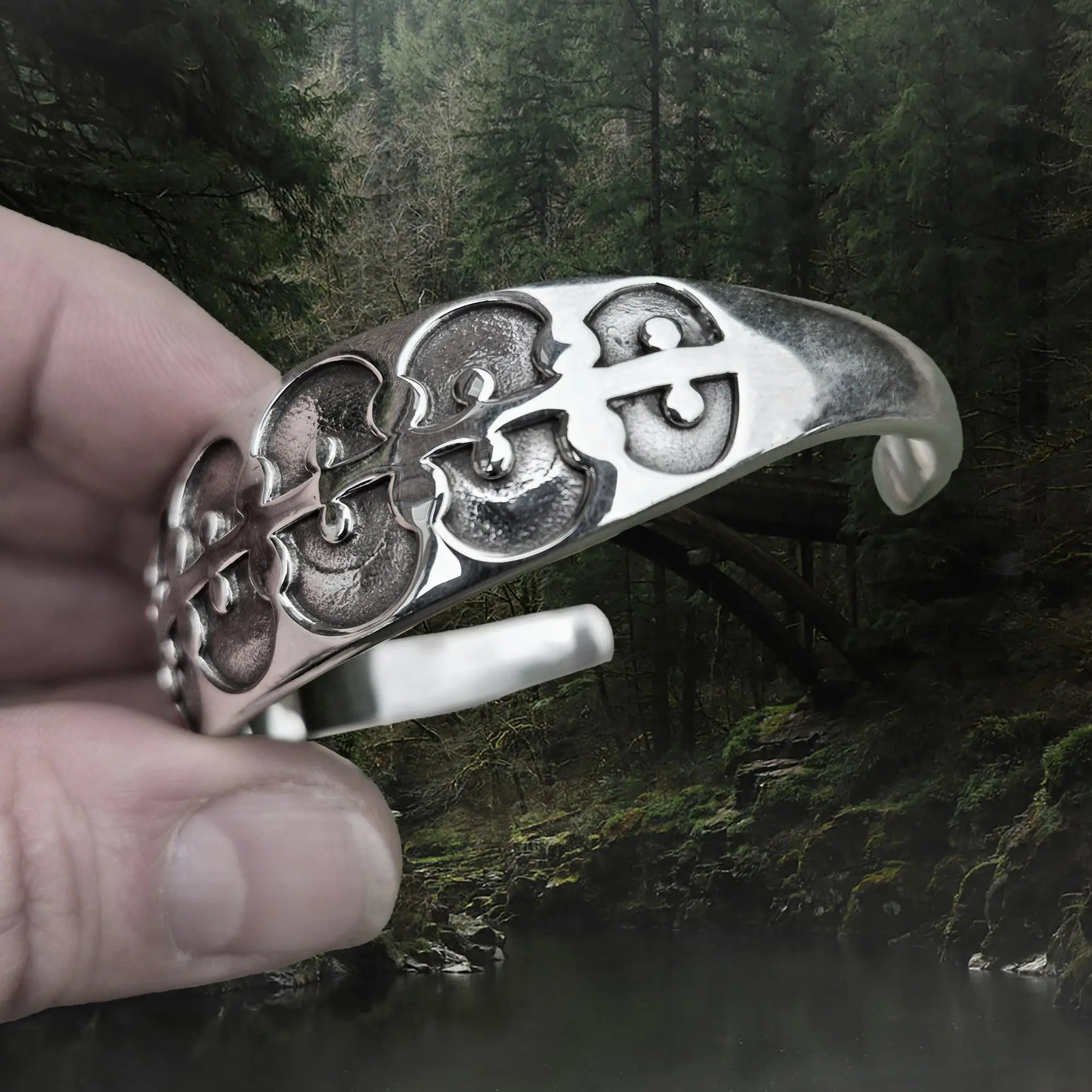 Silver Viking Arm Ring / Bracelet Replica from Gotland, Sweden in Fingers - Side Angle View