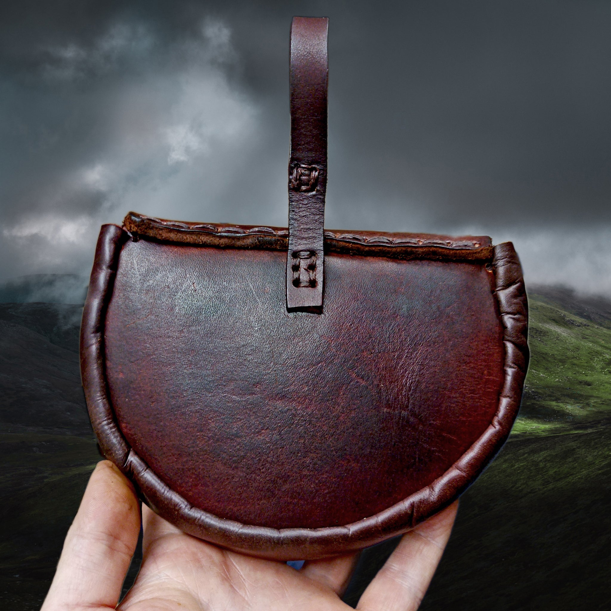 Custom Made Brown Leather Swedish Viking Belt Pouch in Hand - Back View