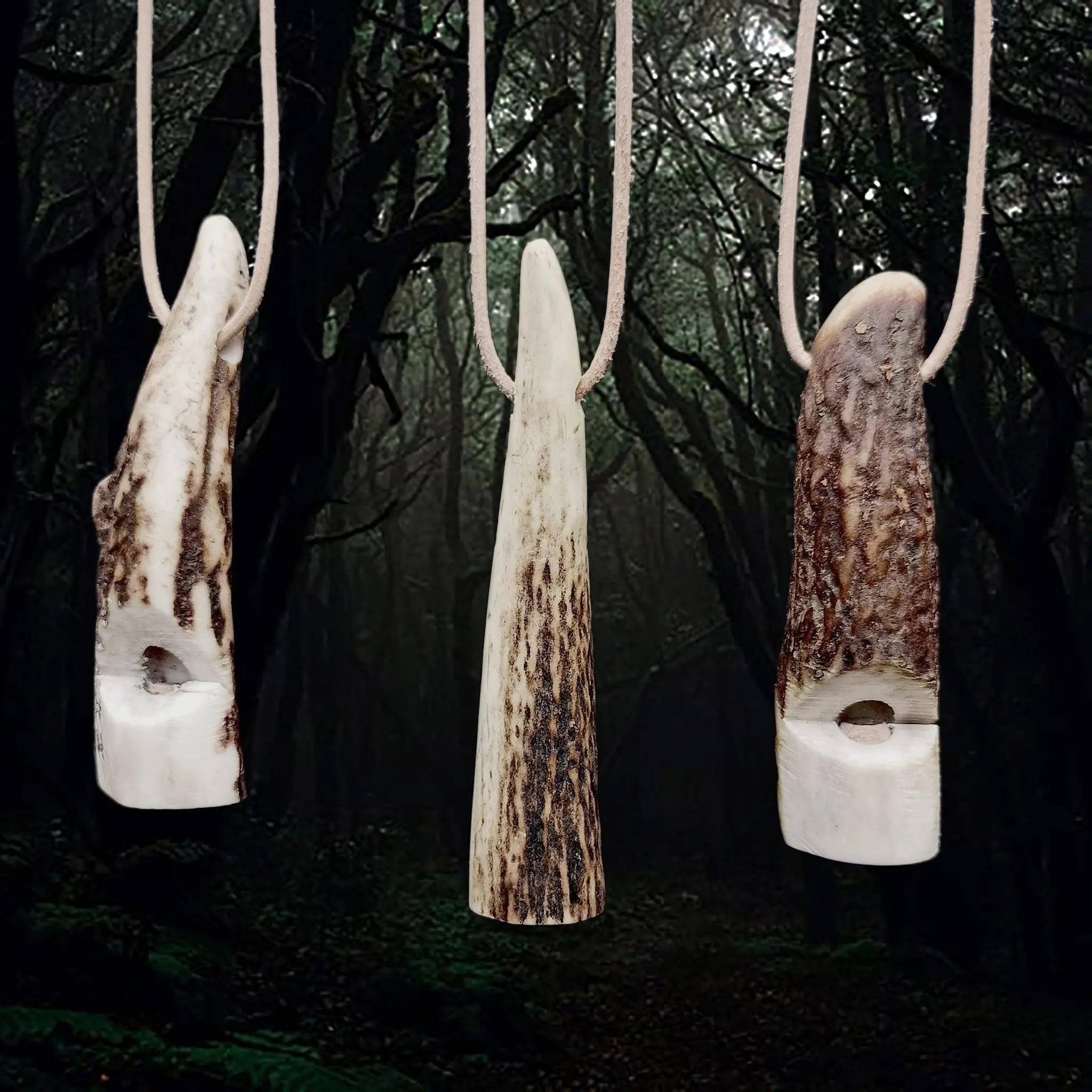 Handmade Scottish Red Deer Antler Whistle on Leather Thongs - Different Sides