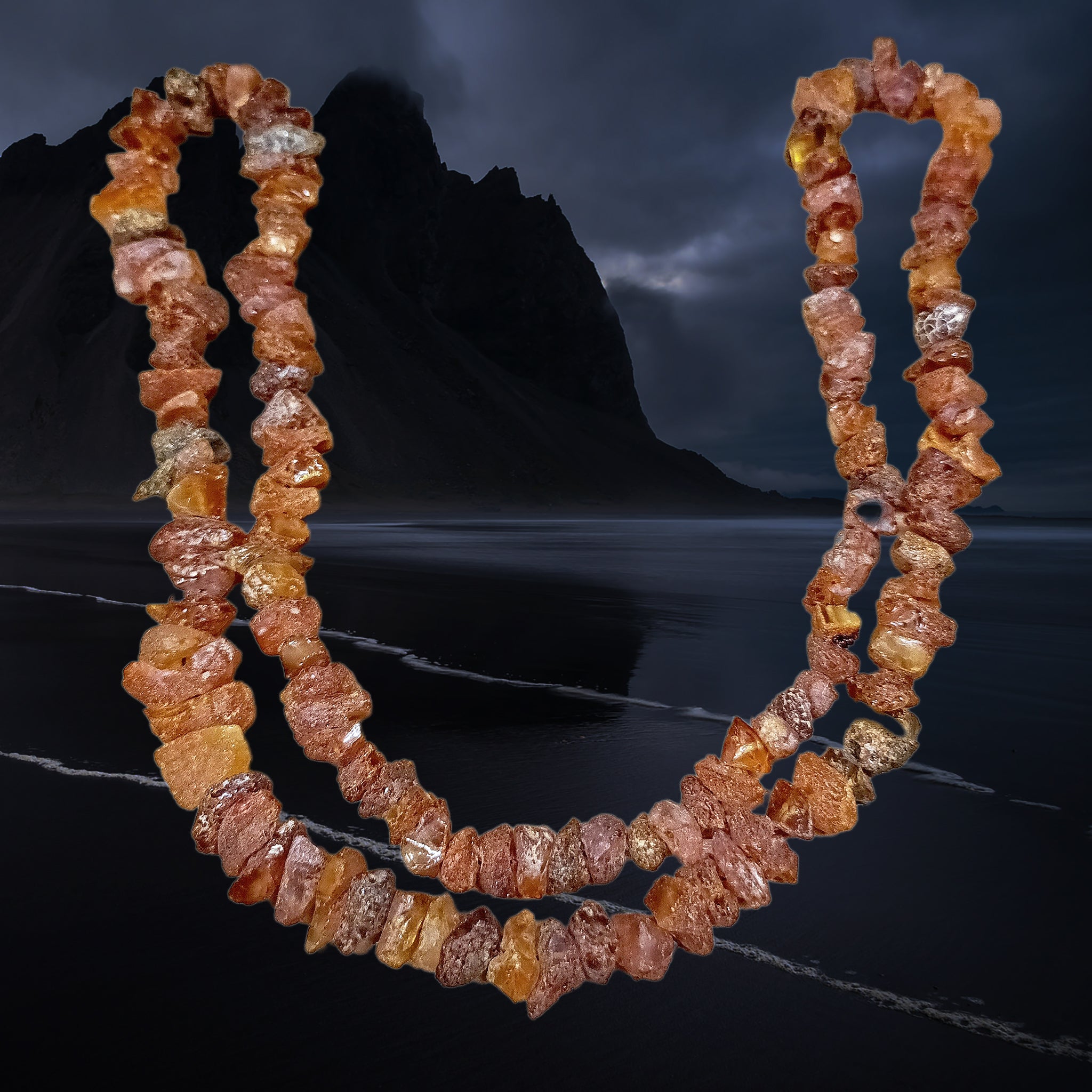 Amber Viking Necklace, Made From Unpolished Raw Amber Chips - Doubled Up