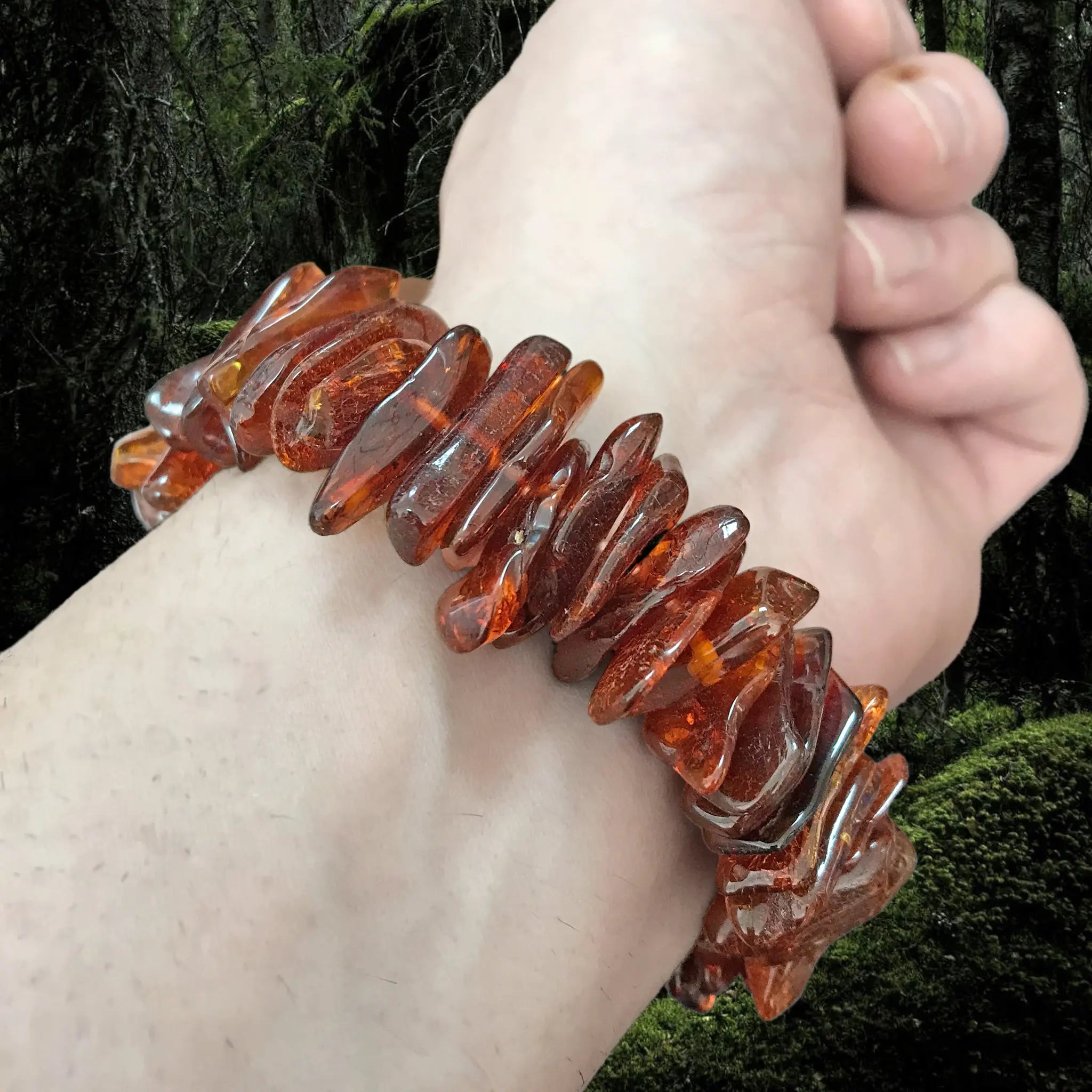 Amber Viking Bracelet Made From Cut and Polished Large Amber Chips on Wrist - Back View
