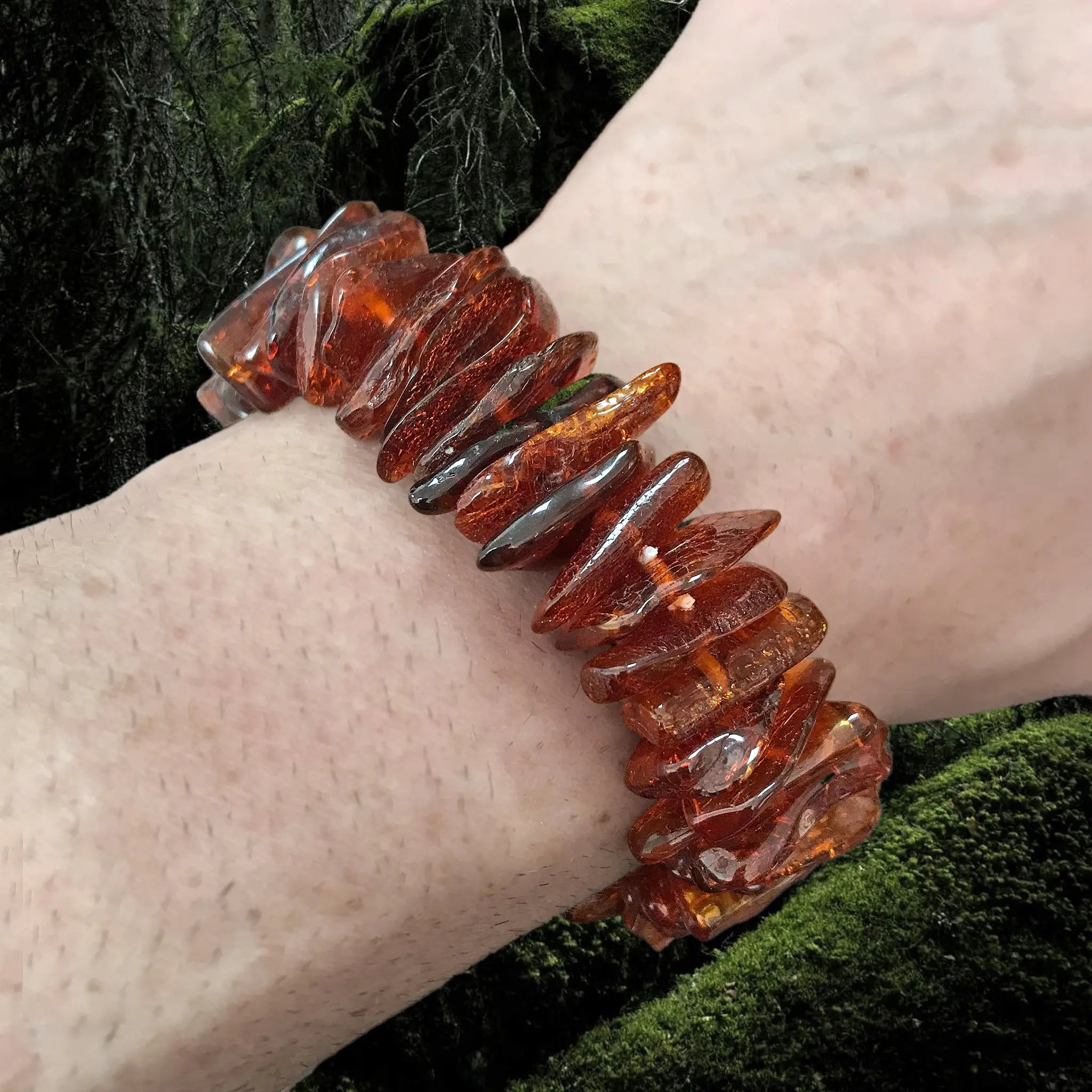 Amber Viking Bracelet Made From Cut and Polished Large Amber Chips on Wrist