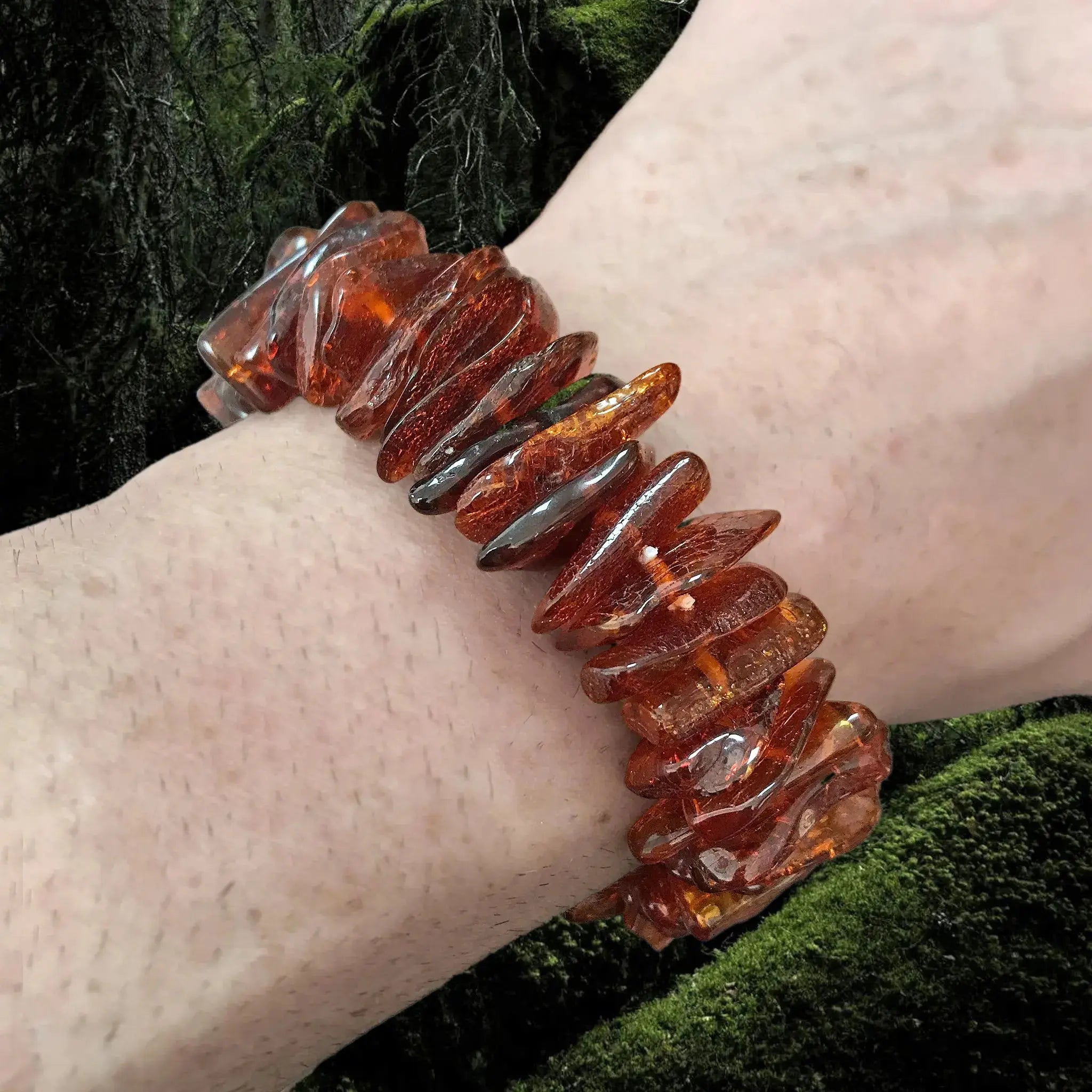 Amber Viking Bracelet Made From Cut and Polished Large Amber Chips on Wrist