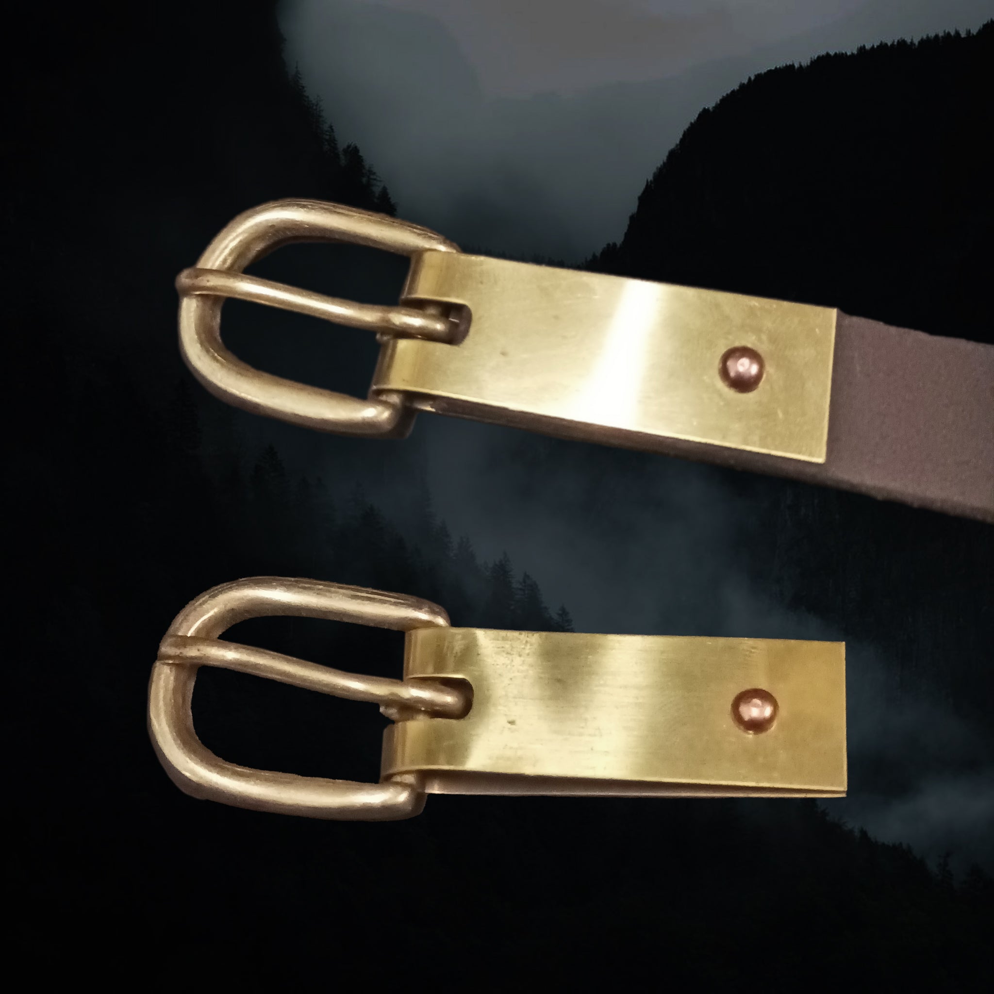 19mm (0.75 inch) Wide Brass Buckle Plate with 19mm Wide Brass Buckle, Copper Rivet and on Brown Leather Strap