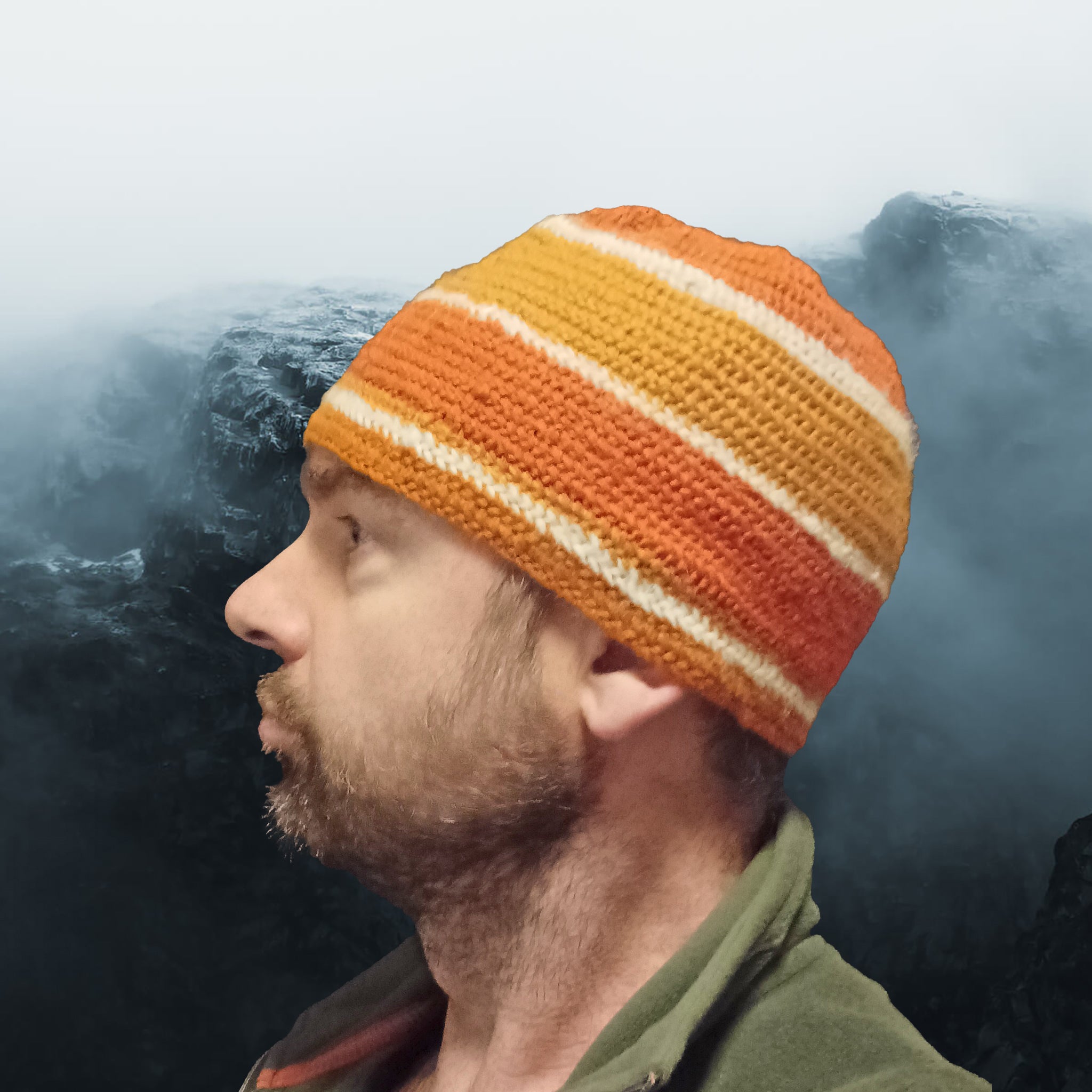 Wool Viking Hat, Hand-Woven Using Ancient Nalbinding Techniques - Orange Stripey