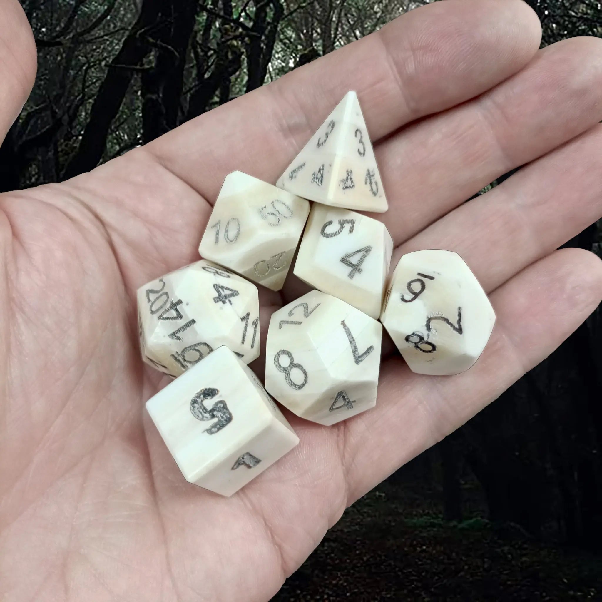 Full Set of 7 Large Bone DnD Dice Set on Hand