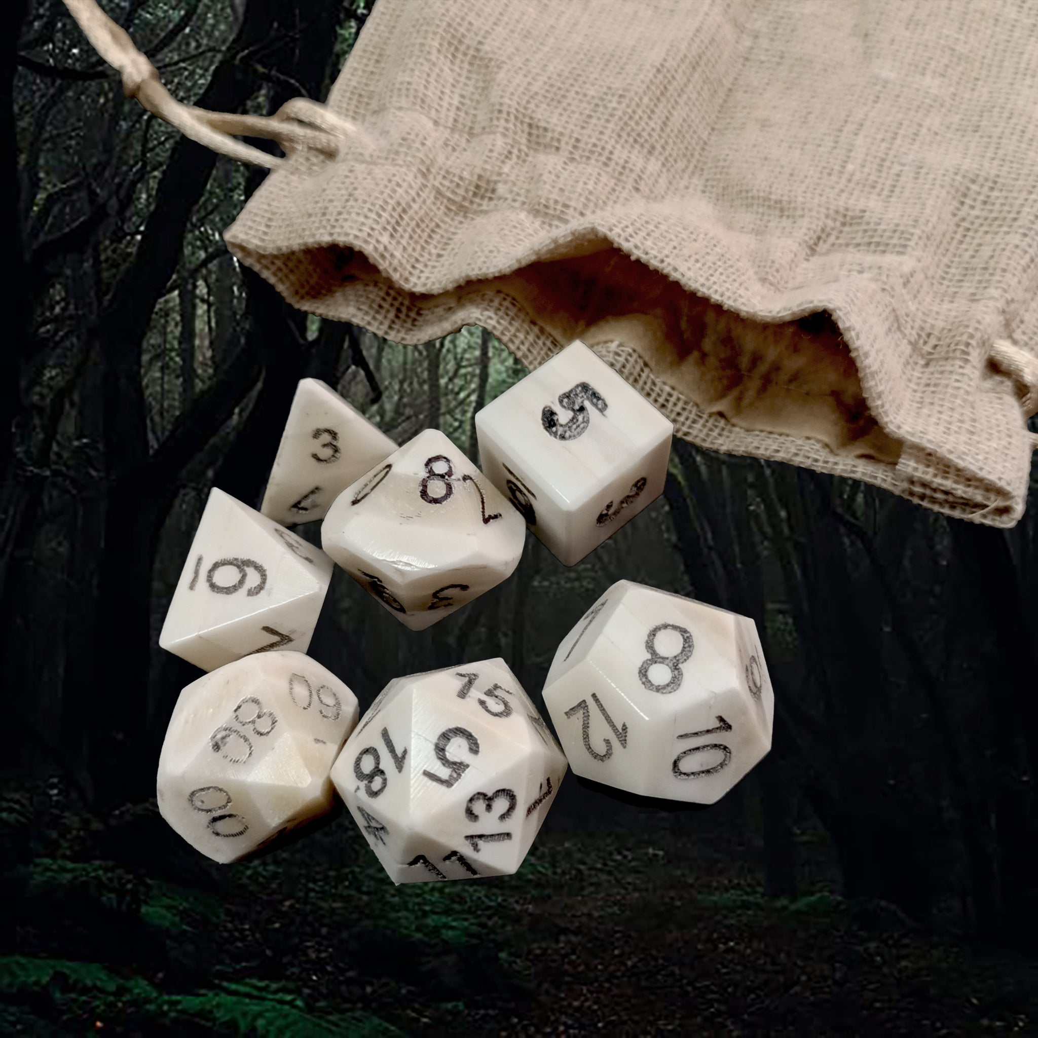 Full Set of 7 Large Bone DnD Dice Set with Hessian Pouch - Close Up