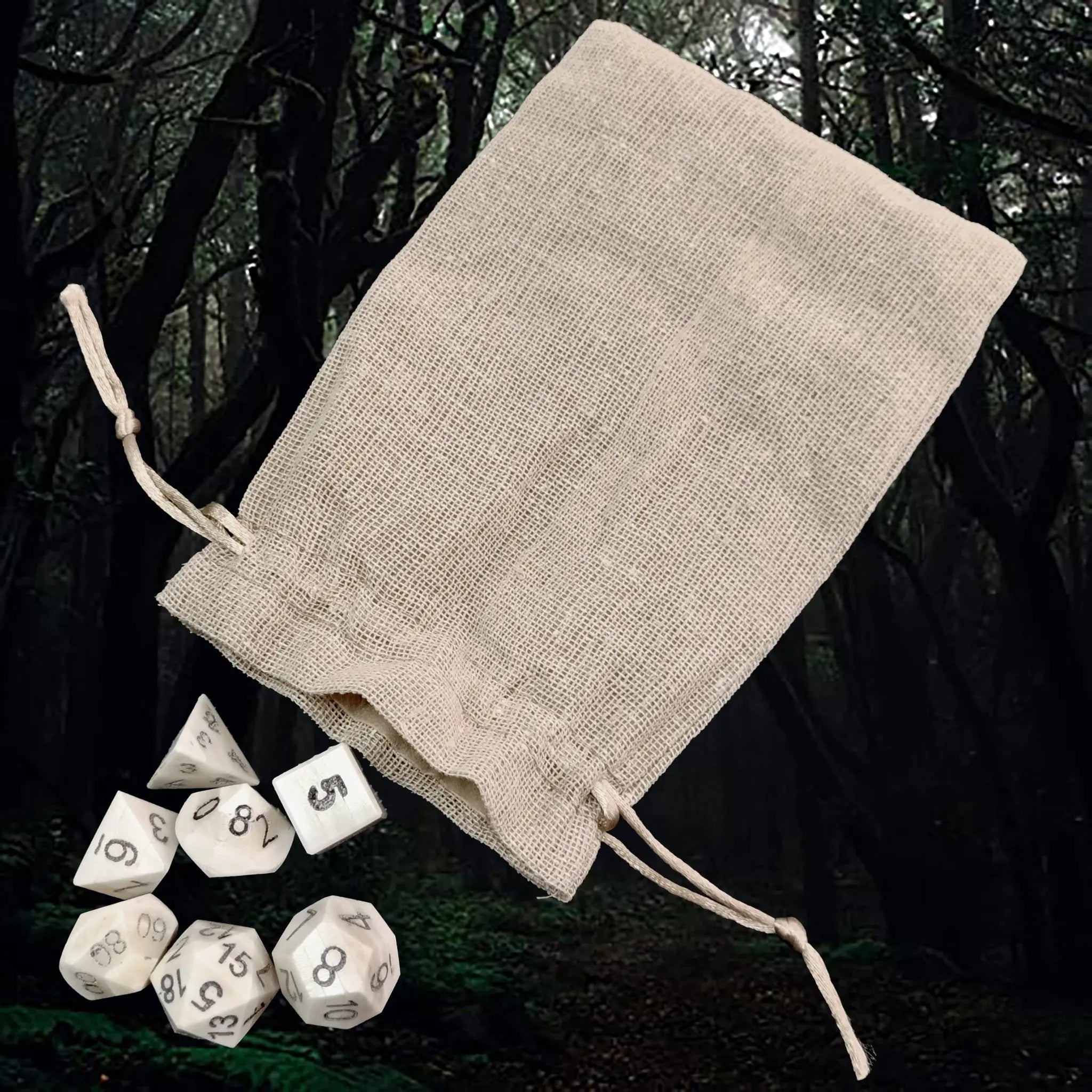 Full Set of 7 Large Bone DnD Dice Set with Hessian Pouch