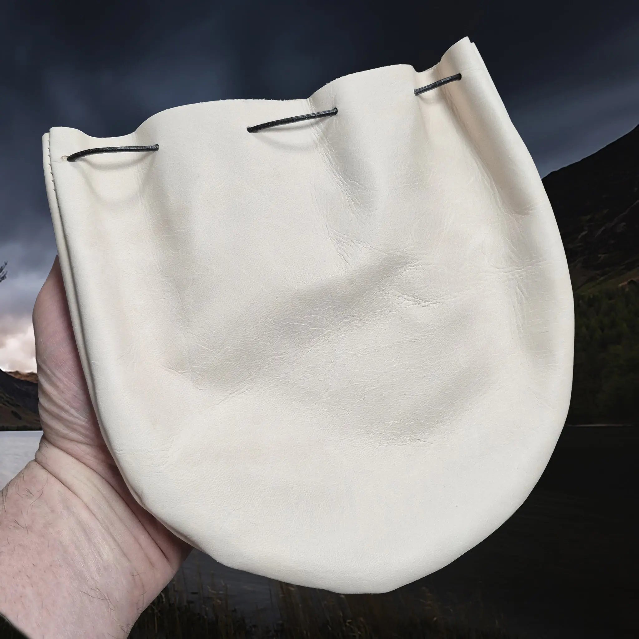 Large Natural Veg-Tan Leather Viking Pouch with Leather Drawstring on Hand