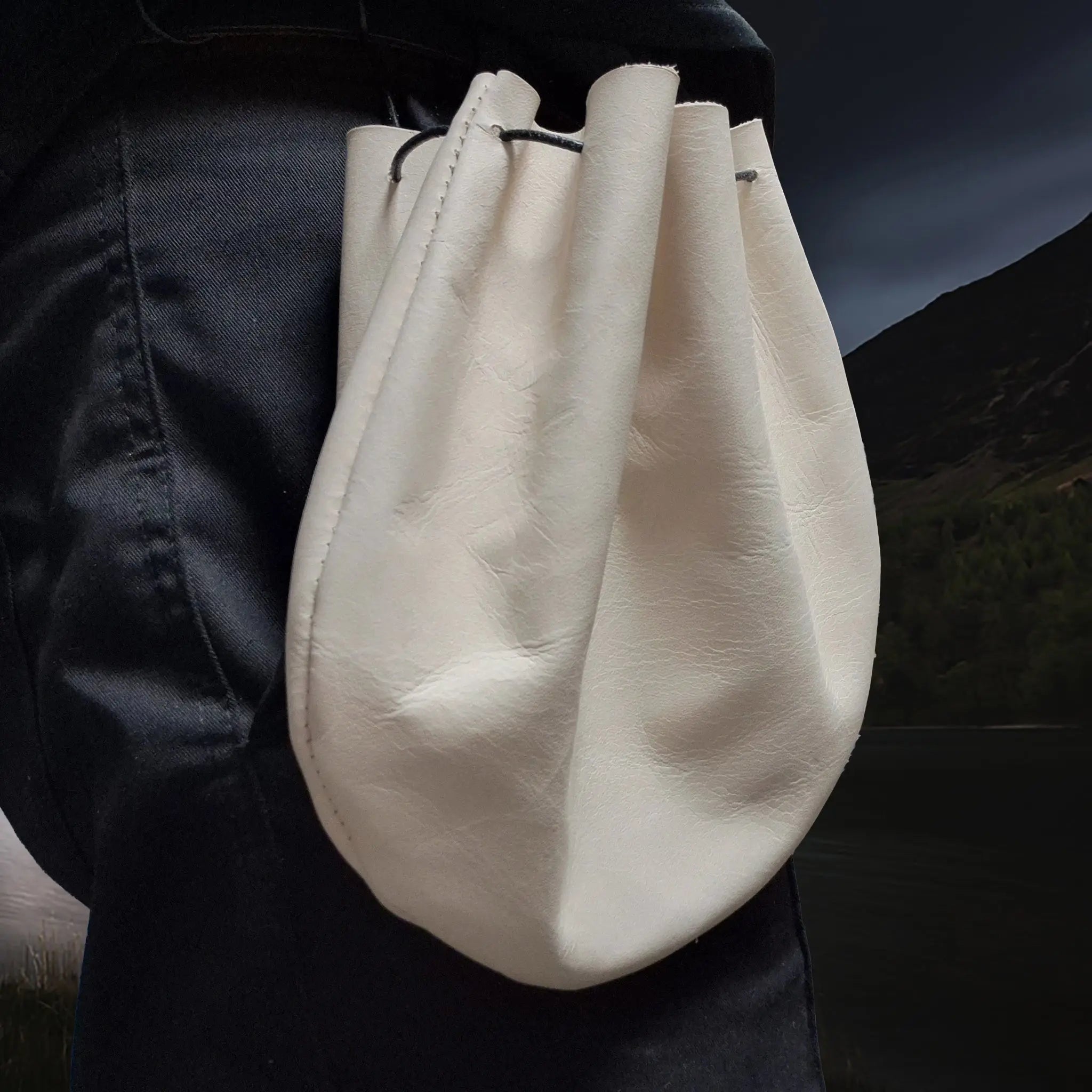 Large Natural Veg-Tan Leather Viking Pouch with Leather Drawstring on Belt