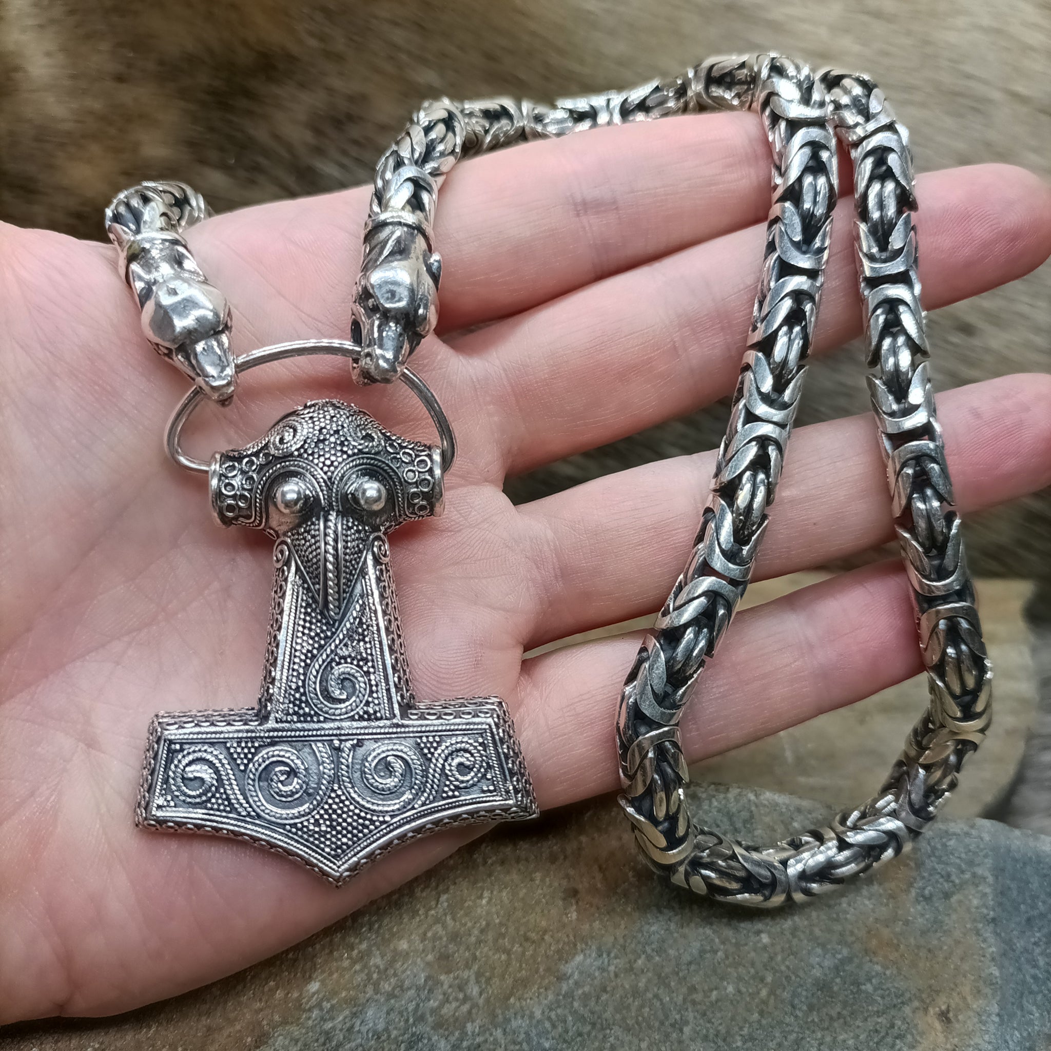 10mm Silver King Chain Necklace with Ferocious Wolf Heads with Large Silver Kabara Hammer Pendant on Hand