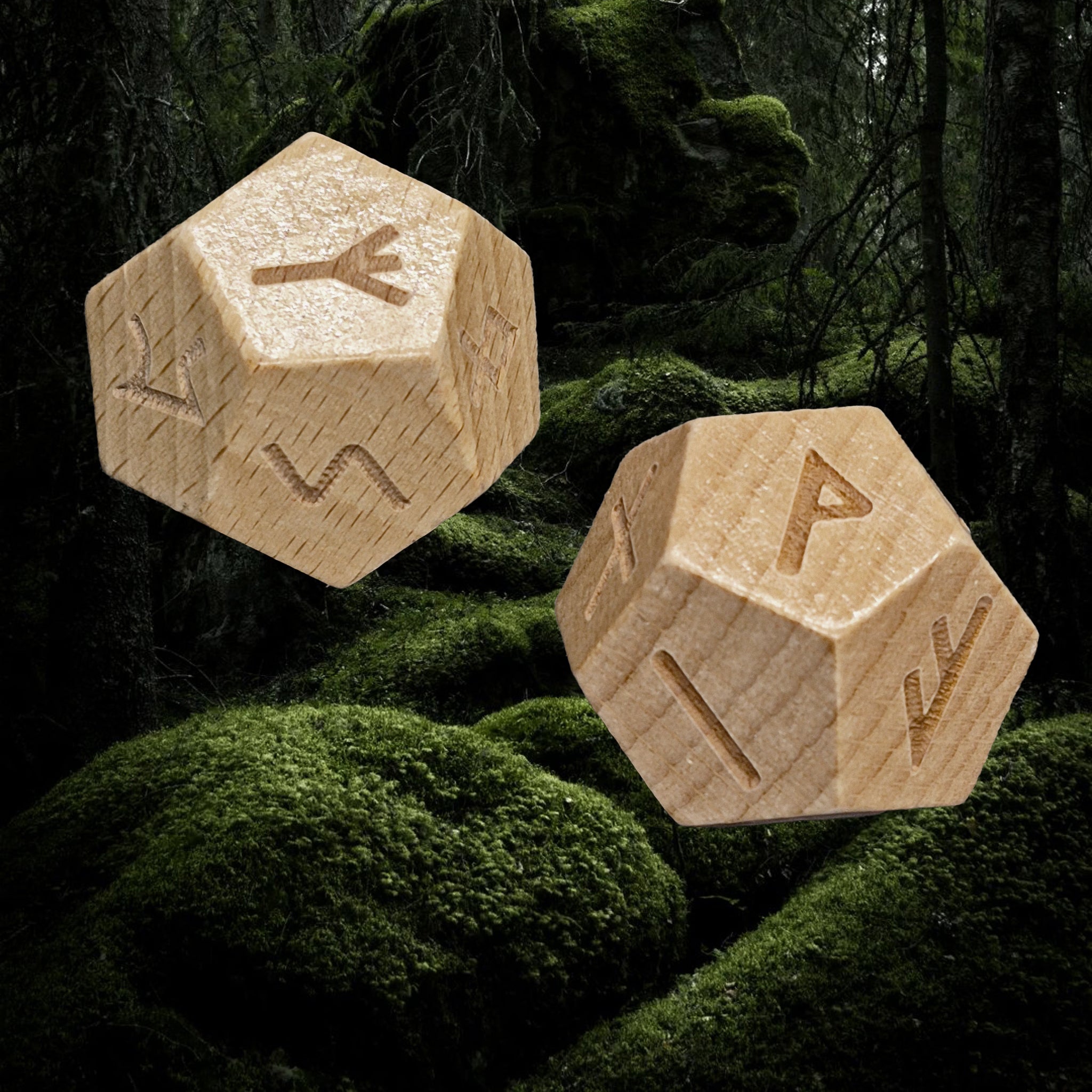 Elder Futhark Huge Wooden Runic Dice Set Showing Algiz and Wunjo Runes on Top