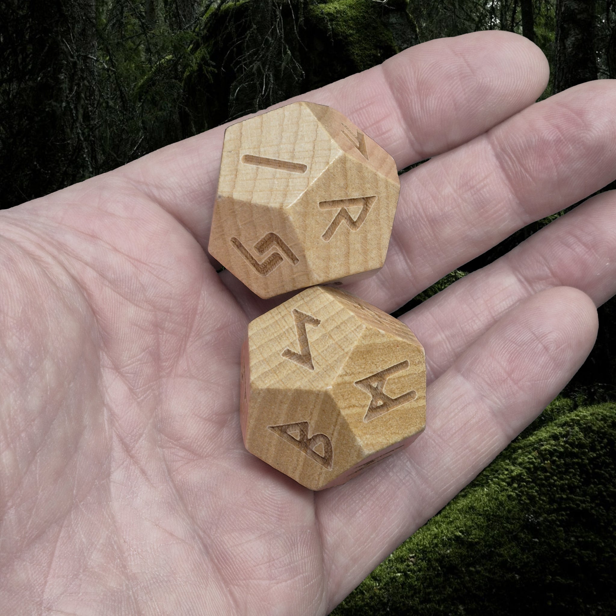 Elder Futhark Huge Wooden Runic Dice Set in Hand