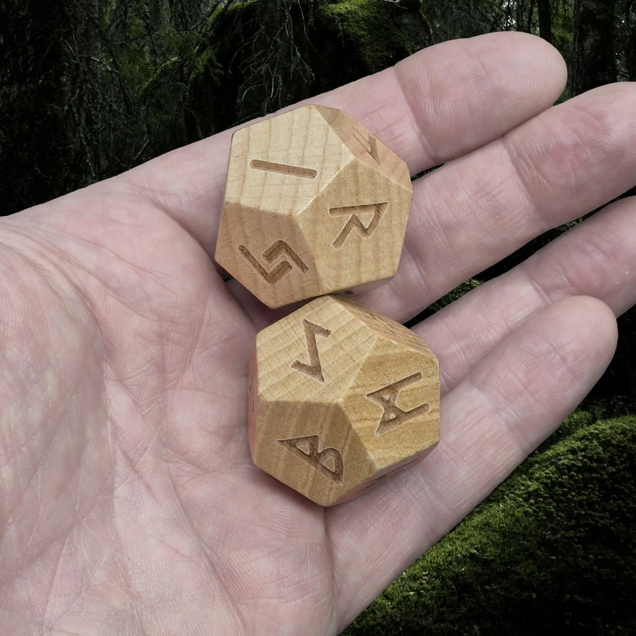 Elder Futhark Huge Wooden Runic Dice Set in Hand