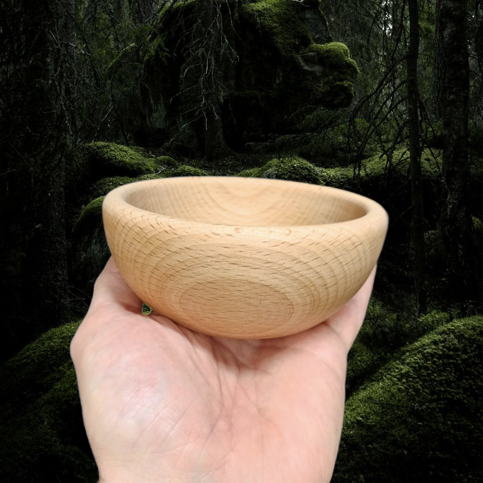 Small Hand Turned Medieval Wooden Bowl in Hand - Side View