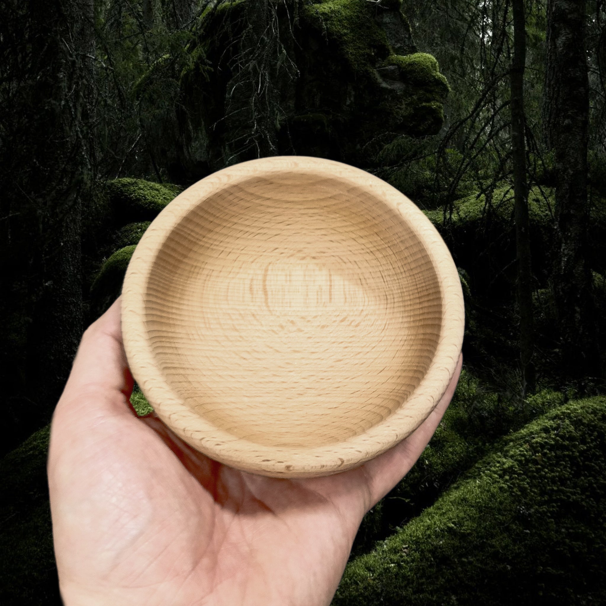 Small Hand Turned Medieval Wooden Bowl in Hand - Top View