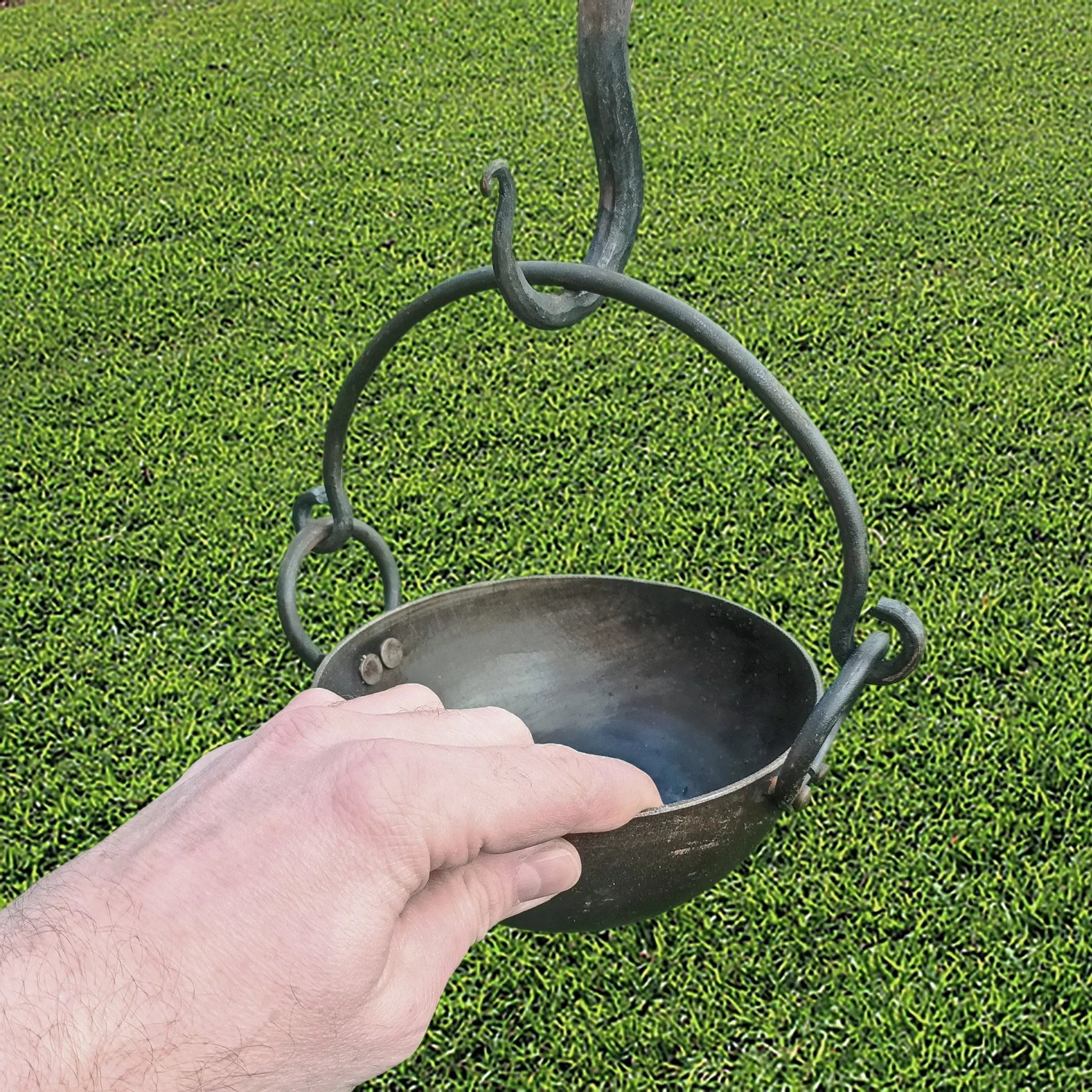 Small Steel Cauldron / Cooking Pan with Hand-Forged Iron Handle with Hand for Scale