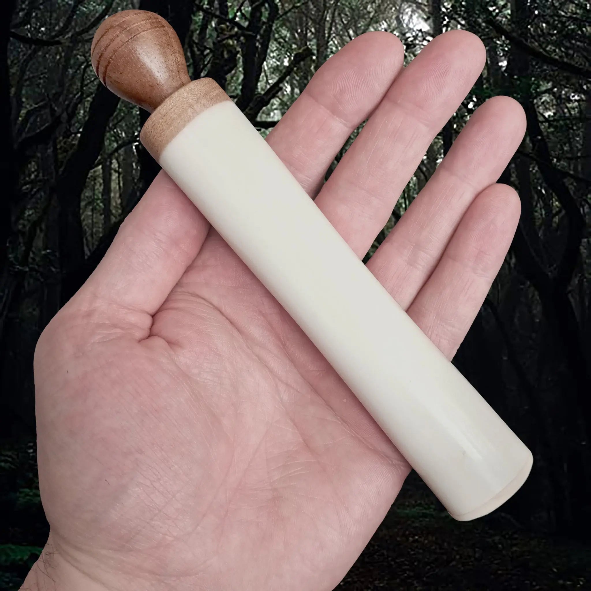 Large Bone Replica Viking Needle Case with Wooden Stopper on Hand