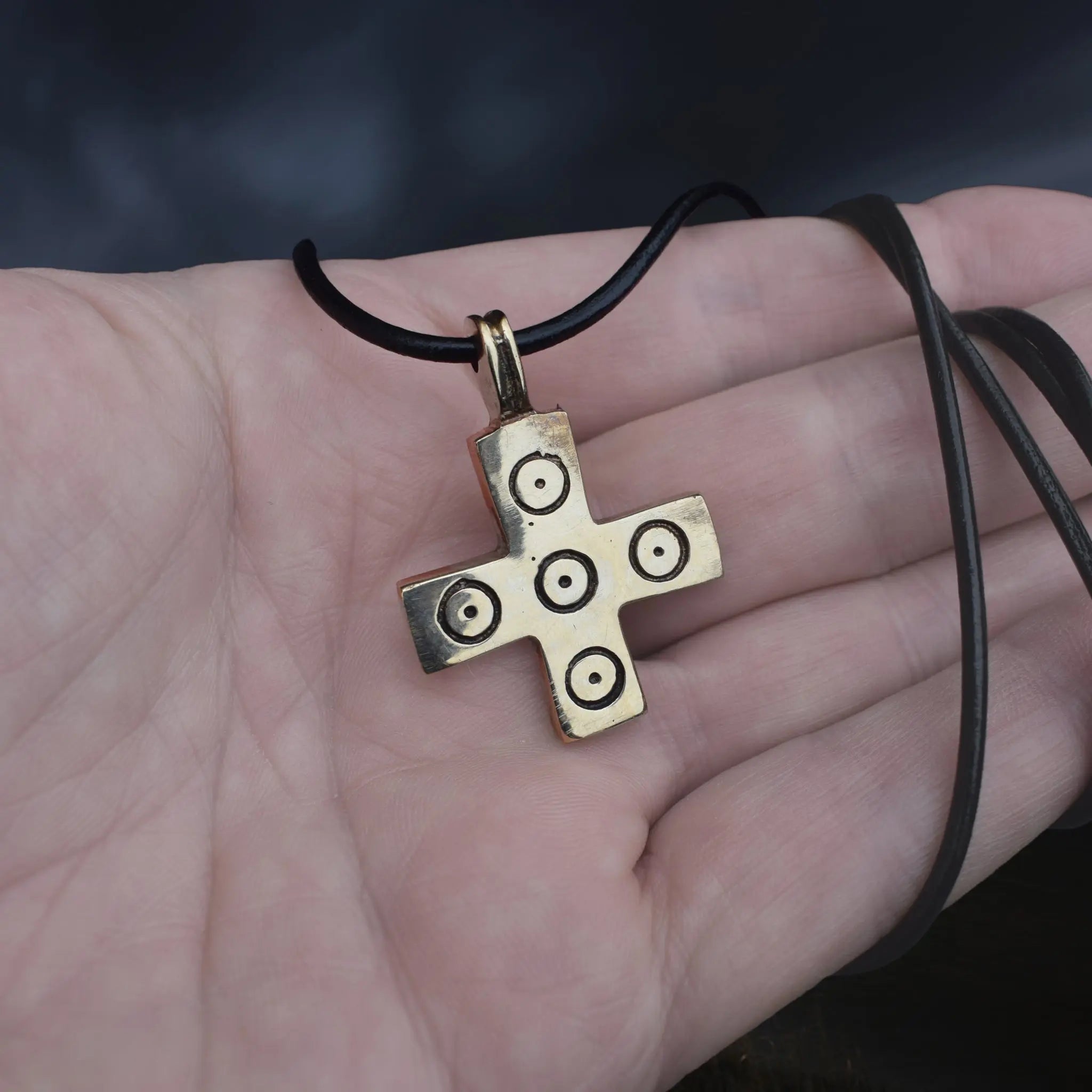 Bronze Replica Viking / Saxon Cross / Crucifix Pendant with 5 Dot Pattern on Wrapped Leather Cord around Hand