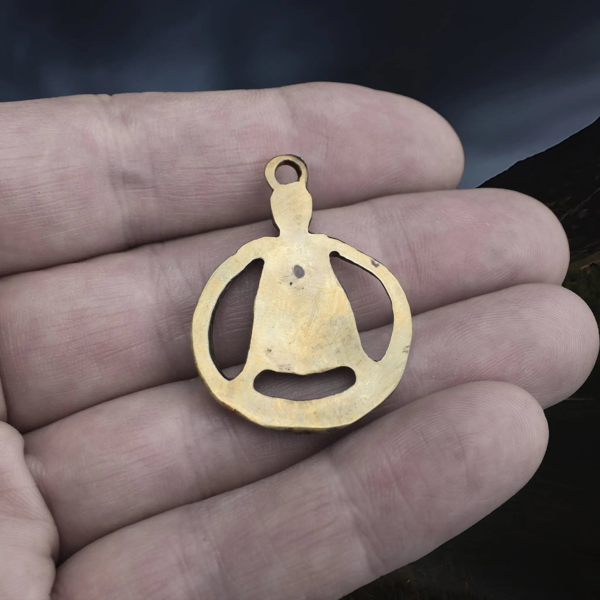 Large Bronze Circular Freya Pendant Replica with Top Loop on Hand - Back View