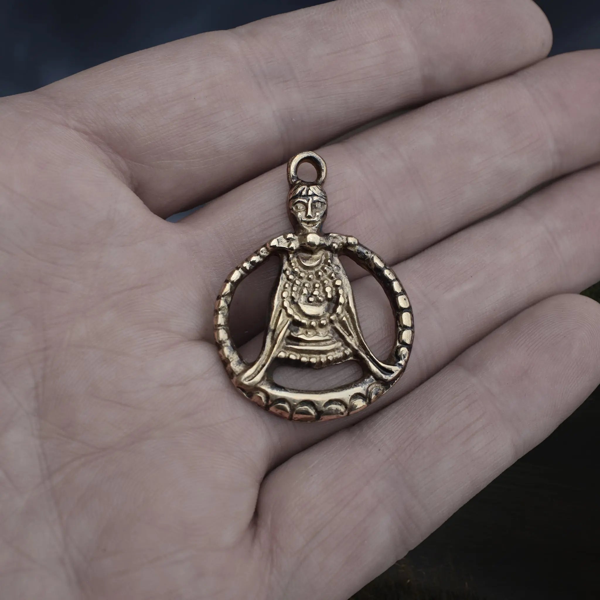 Large Bronze Circular Freya Pendant Replica with Top Loop on Hand