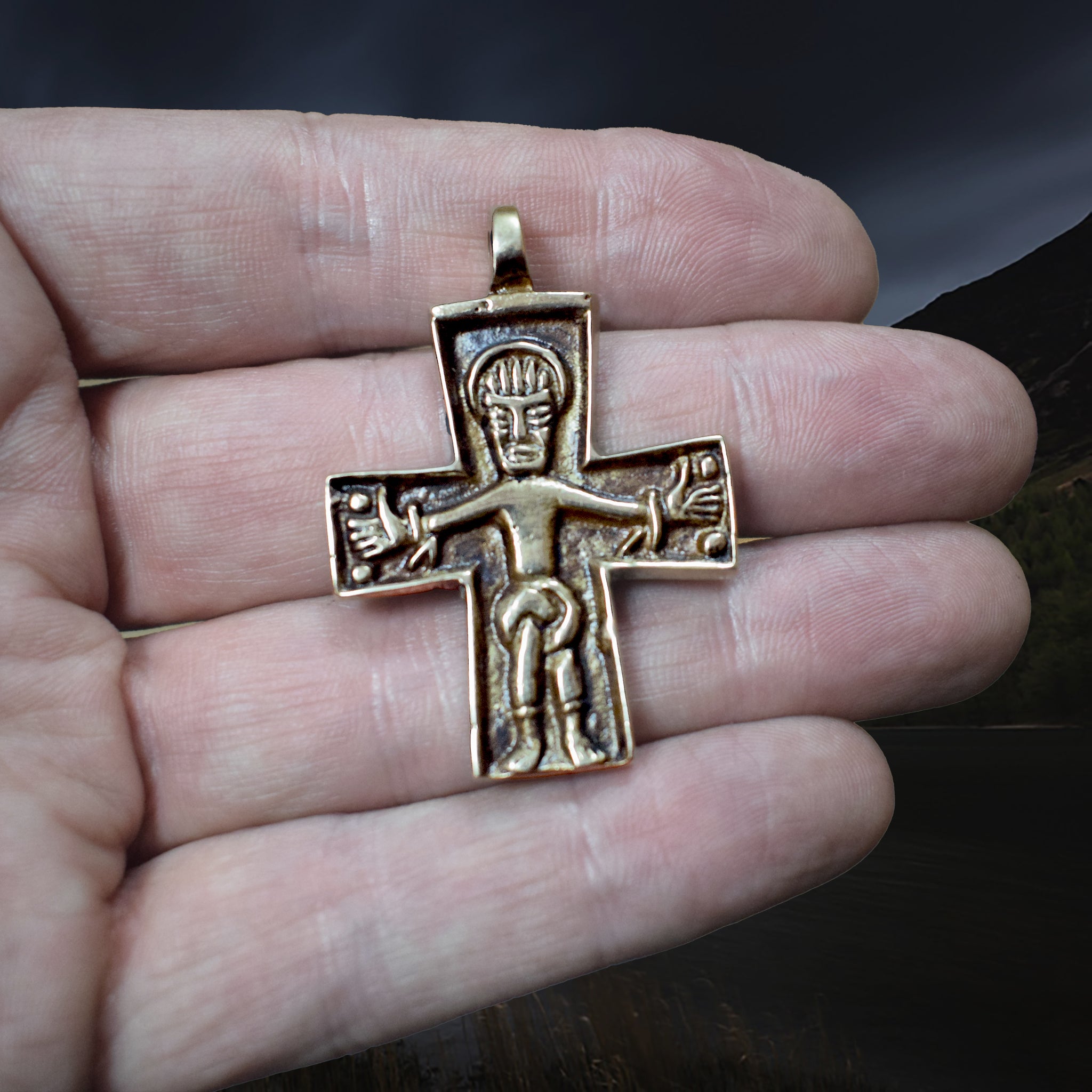 Bronze Replica Germanic Cross / Crucifix Pendant on Hand