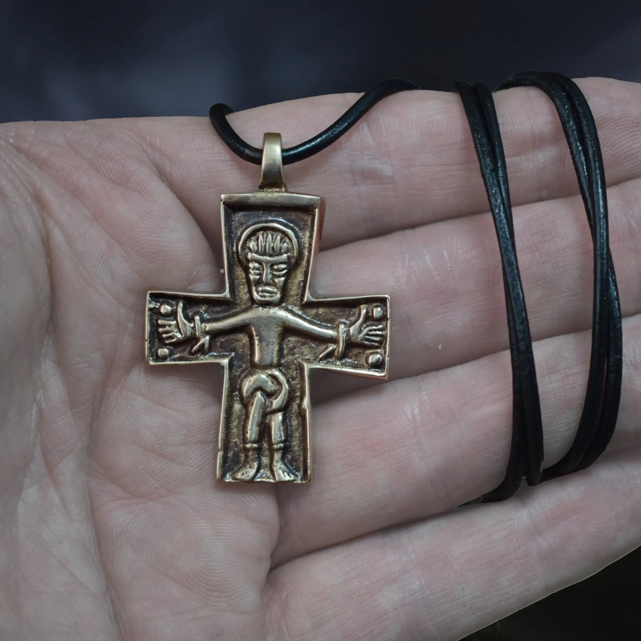 Bronze Replica Germanic Cross / Crucifix Pendant on Leather Cord - On Hand - Full View