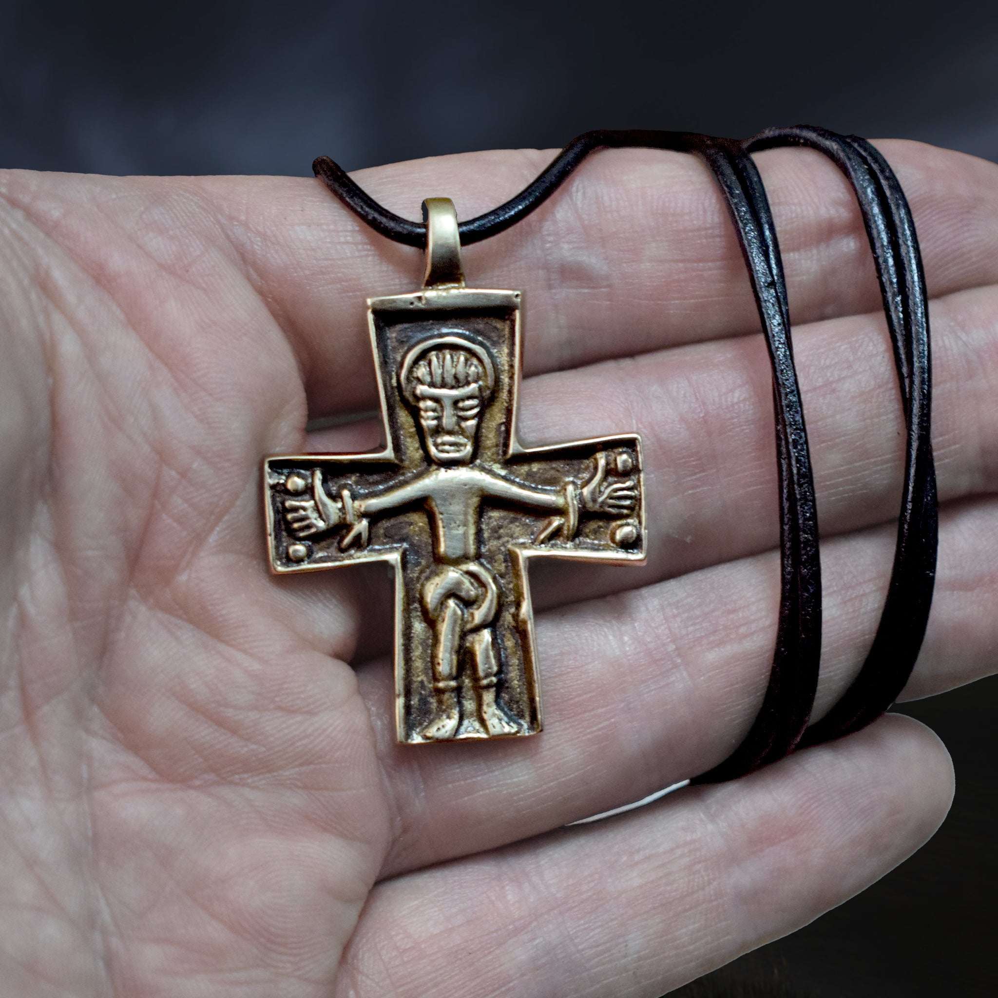 Bronze Replica Germanic Cross / Crucifix Pendant on Leather Cord - On Hand