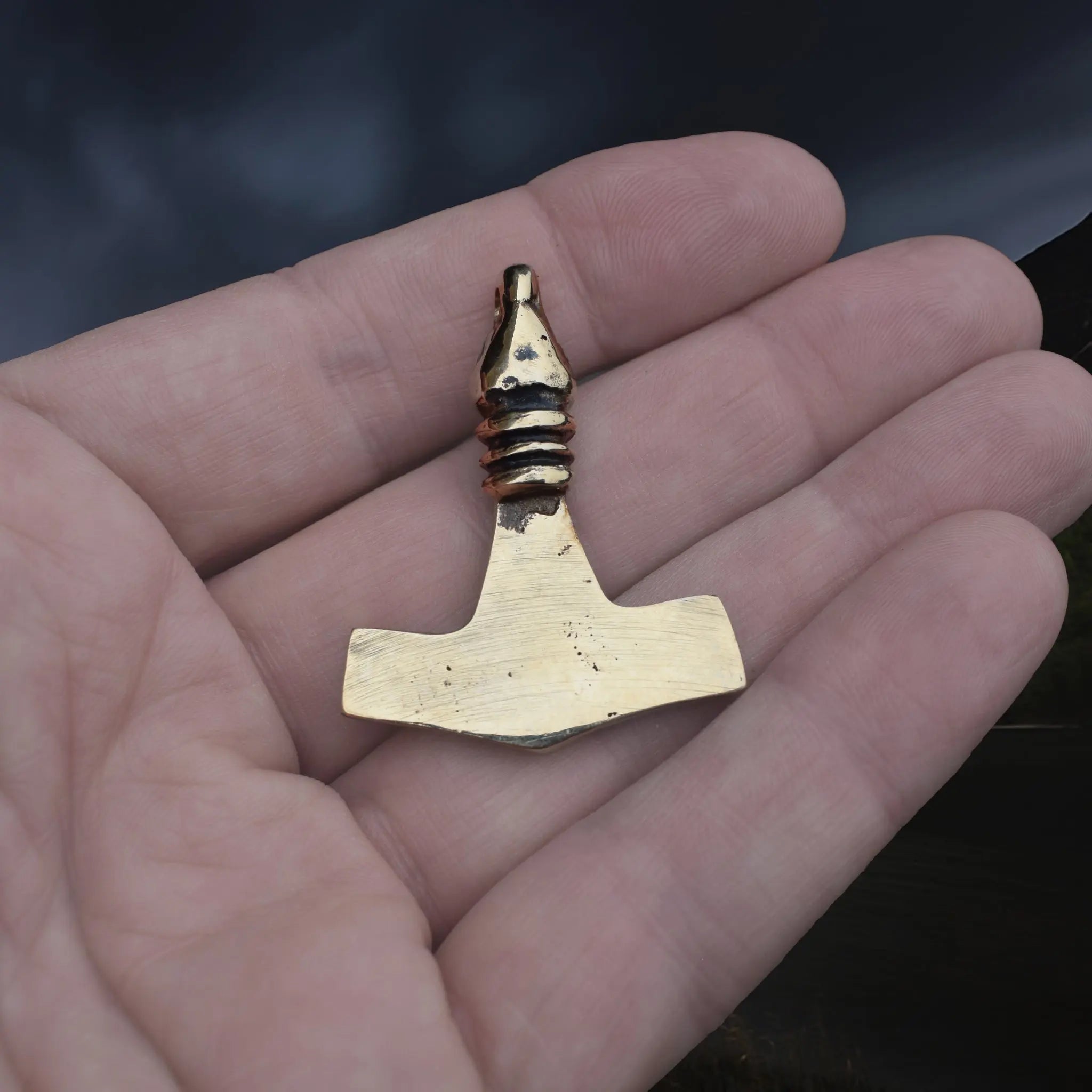 Replica Bronze Viking Age Thor's Hammer Pendant from Sweden with Raven Head on Hand - Back View