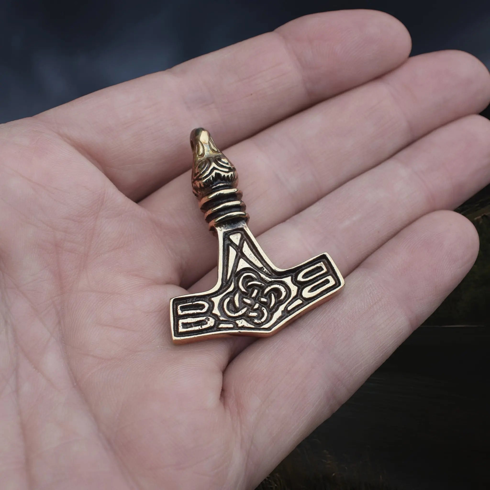 Replica Bronze Viking Age Thor's Hammer Pendant from Sweden with Raven Head on Hand