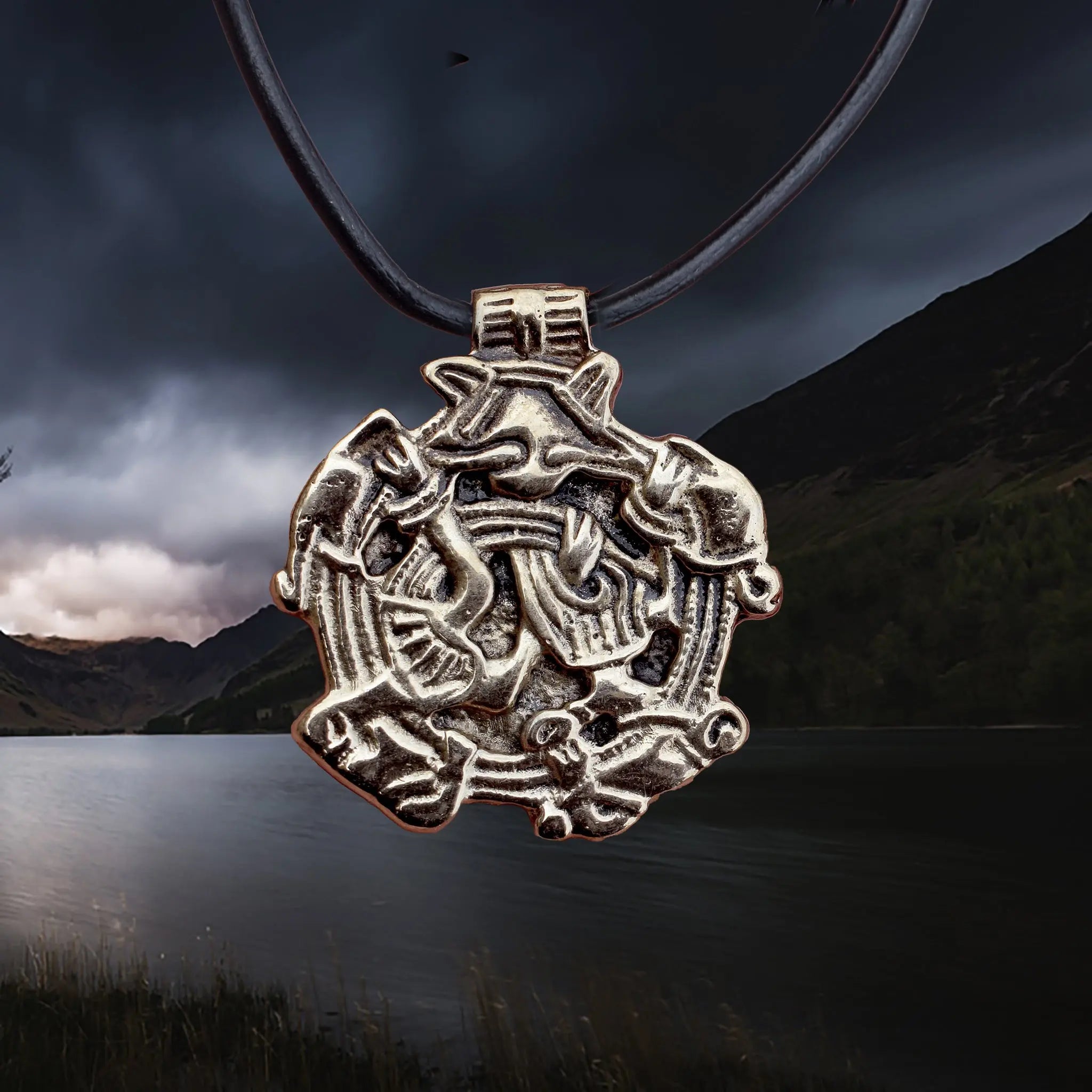 Solid Bronze Replica Viking Gripping Beats Pendant from 10th century Sweden on Leather Cord